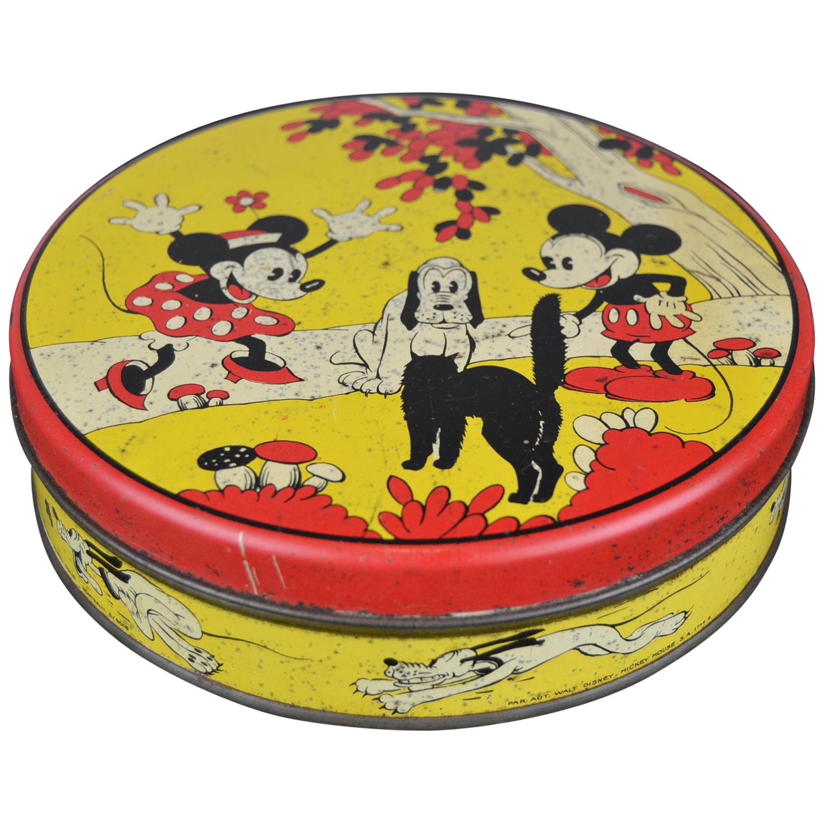 1930s Walt Disney Tin with Mickey Mouse, Minnie Mouse, Pluto and Cat For Sale