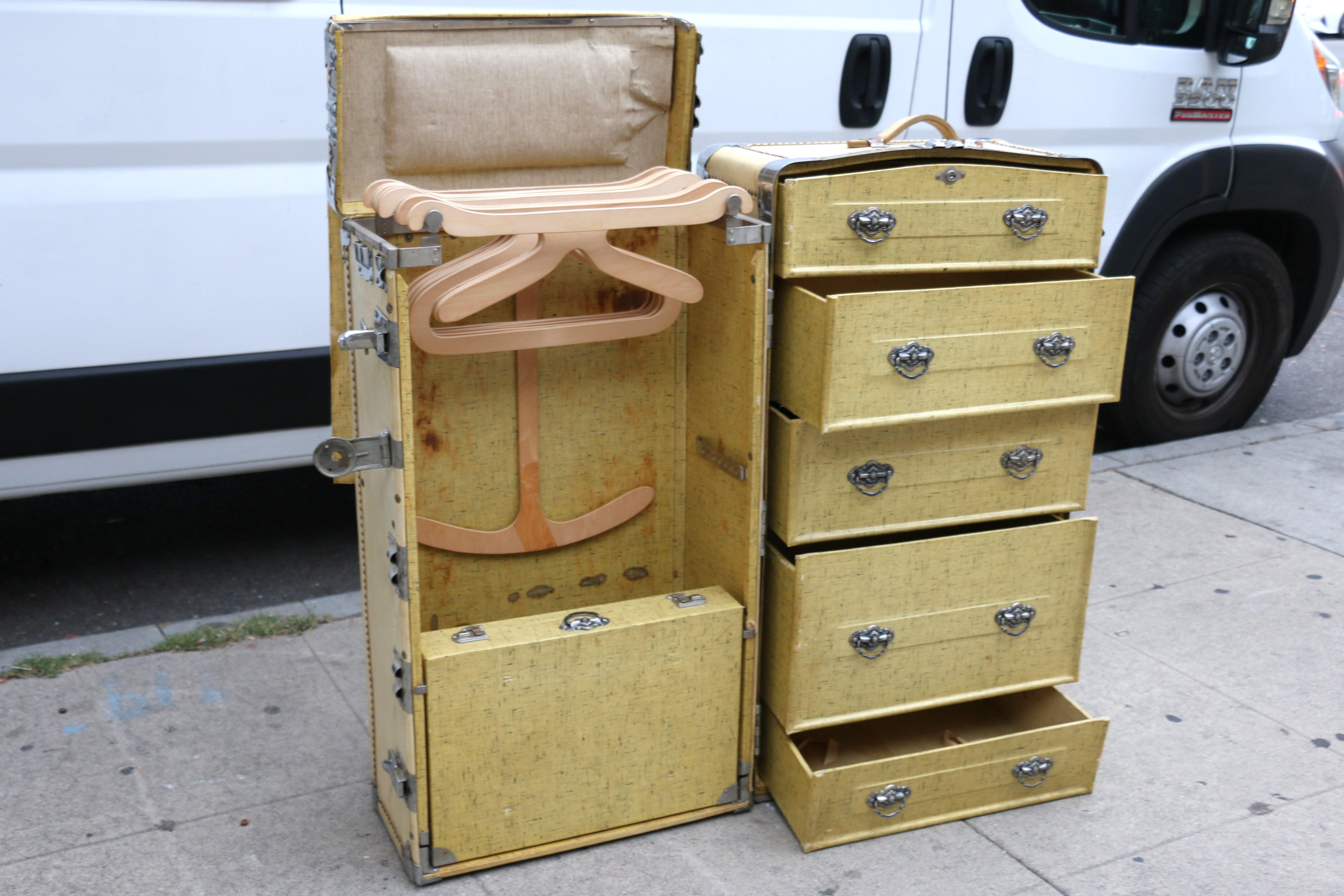 1930s Wardrobe Steamer Trunk Luggage Goat Skin Chest For Sale 3