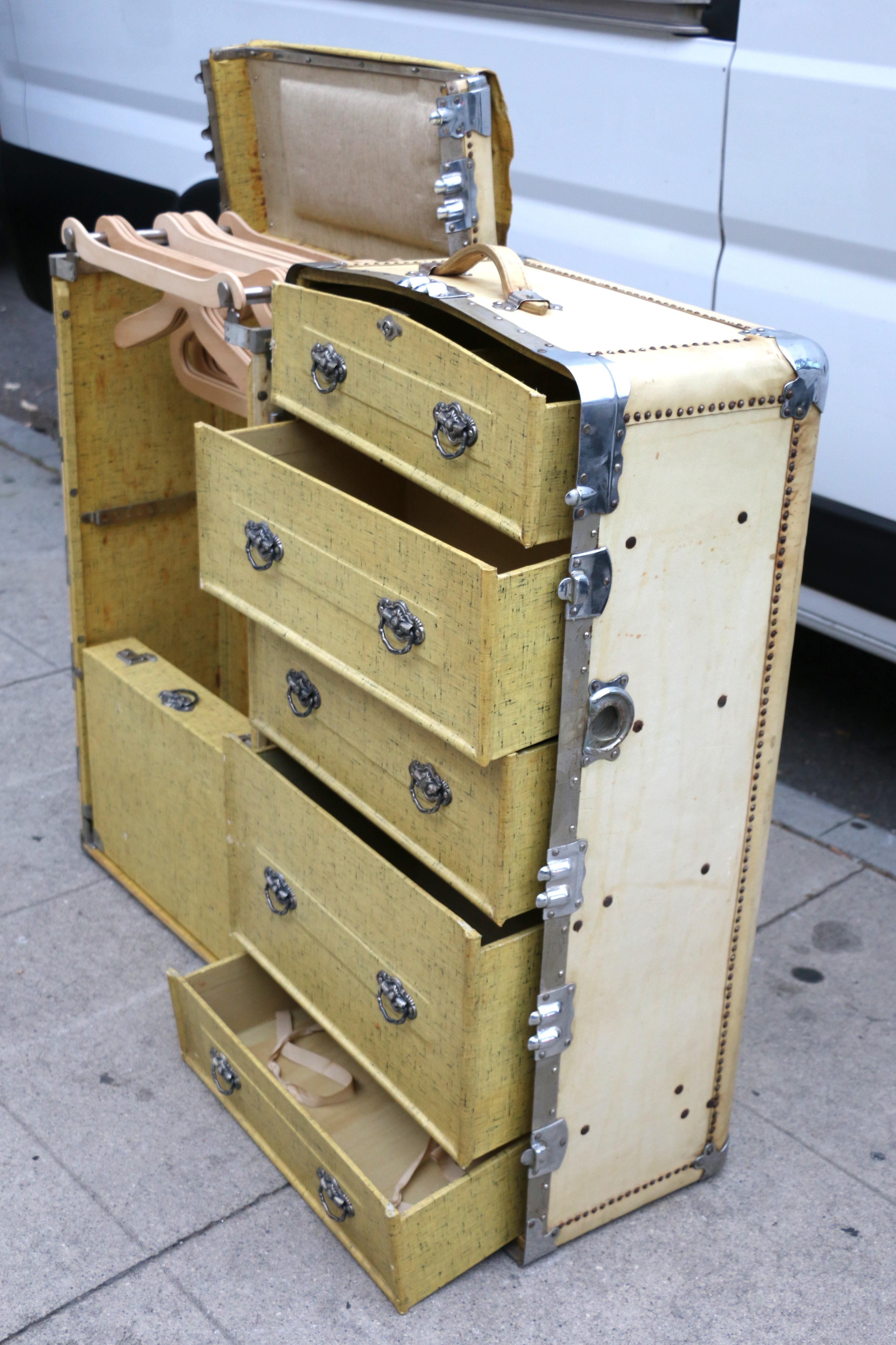 1930s Wardrobe Steamer Trunk Luggage Goat Skin Chest For Sale 4