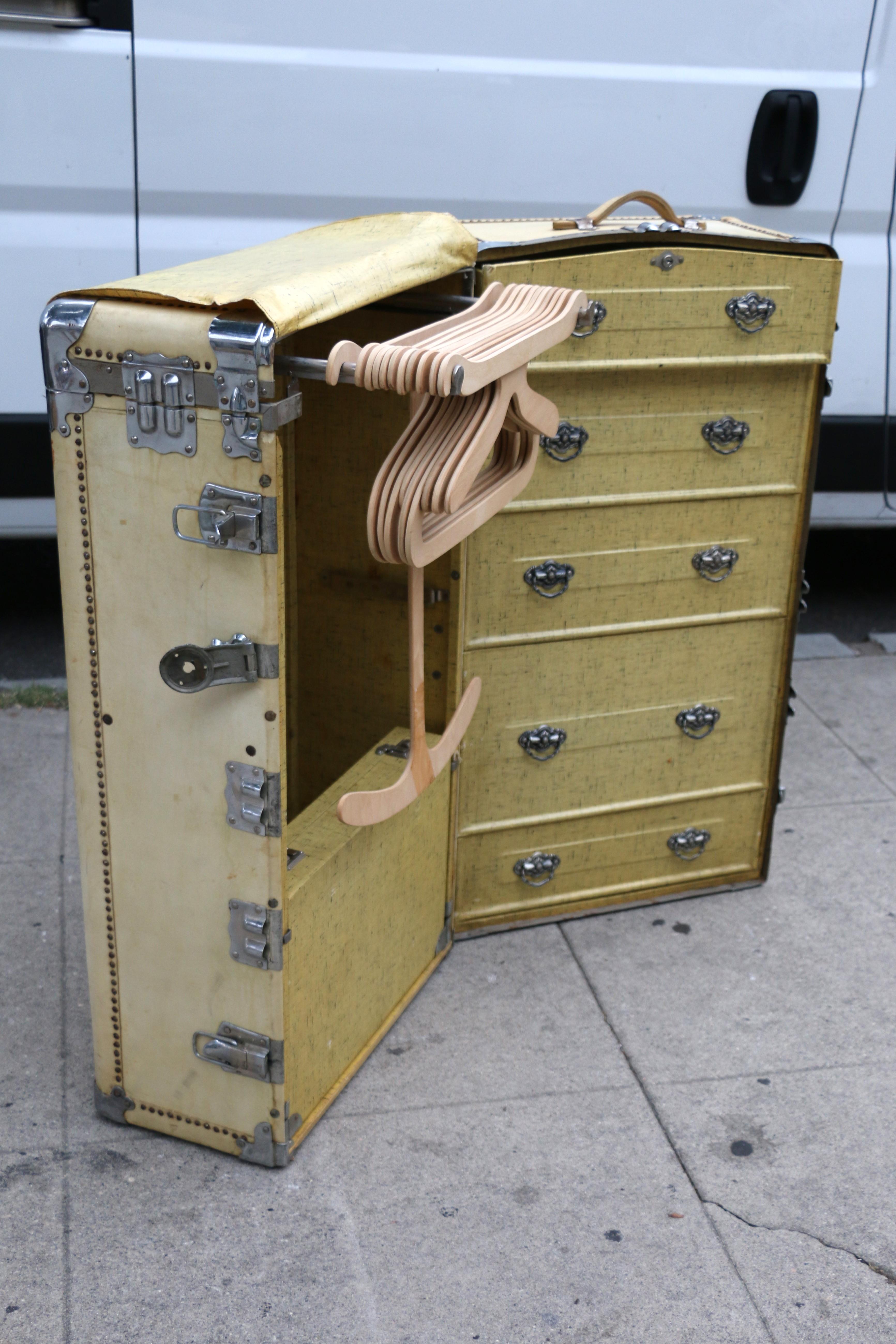 1930s Wardrobe Steamer Trunk Luggage Goat Skin Chest For Sale 11
