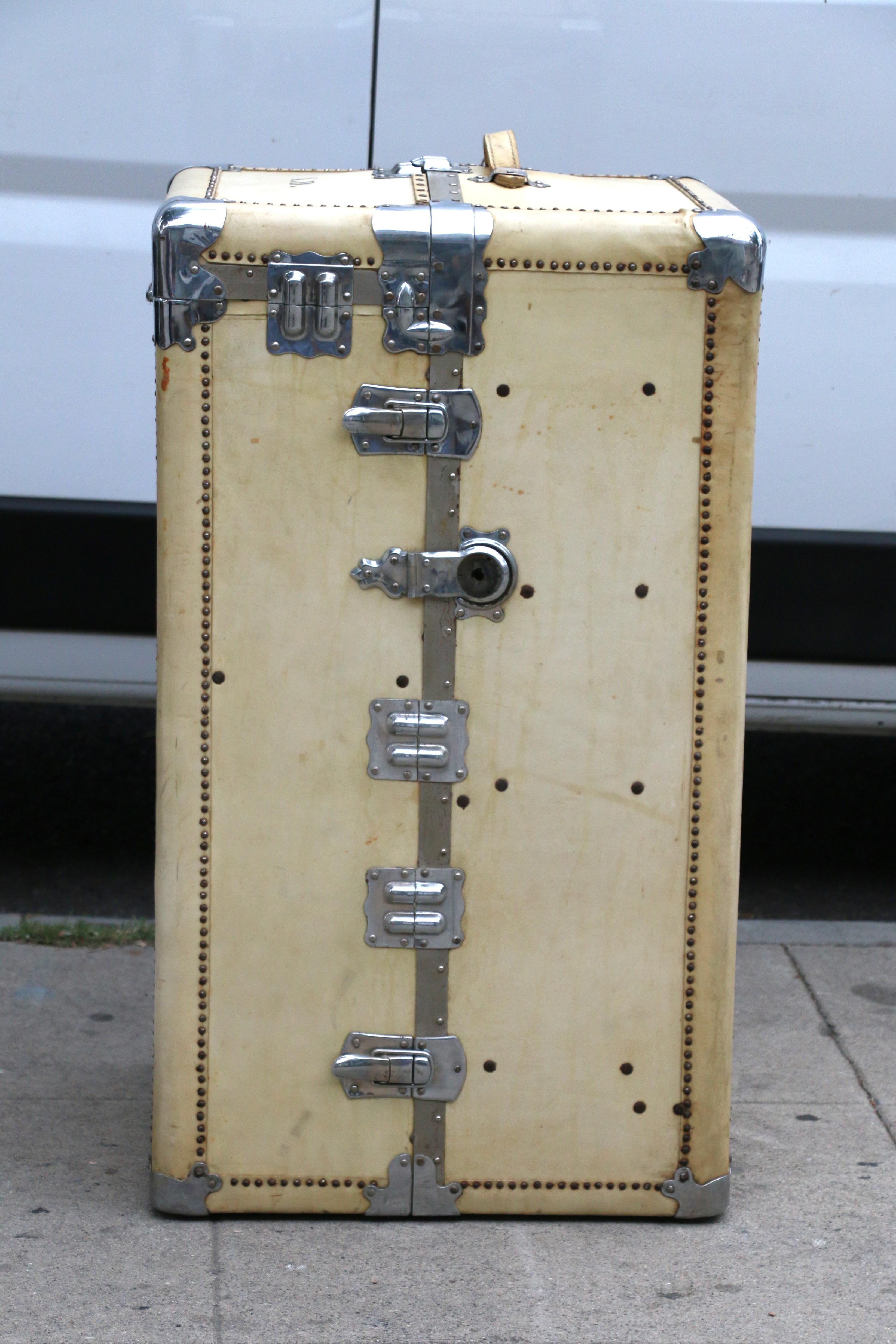 Art Deco 1930s Wardrobe Steamer Trunk Luggage Goat Skin Chest For Sale