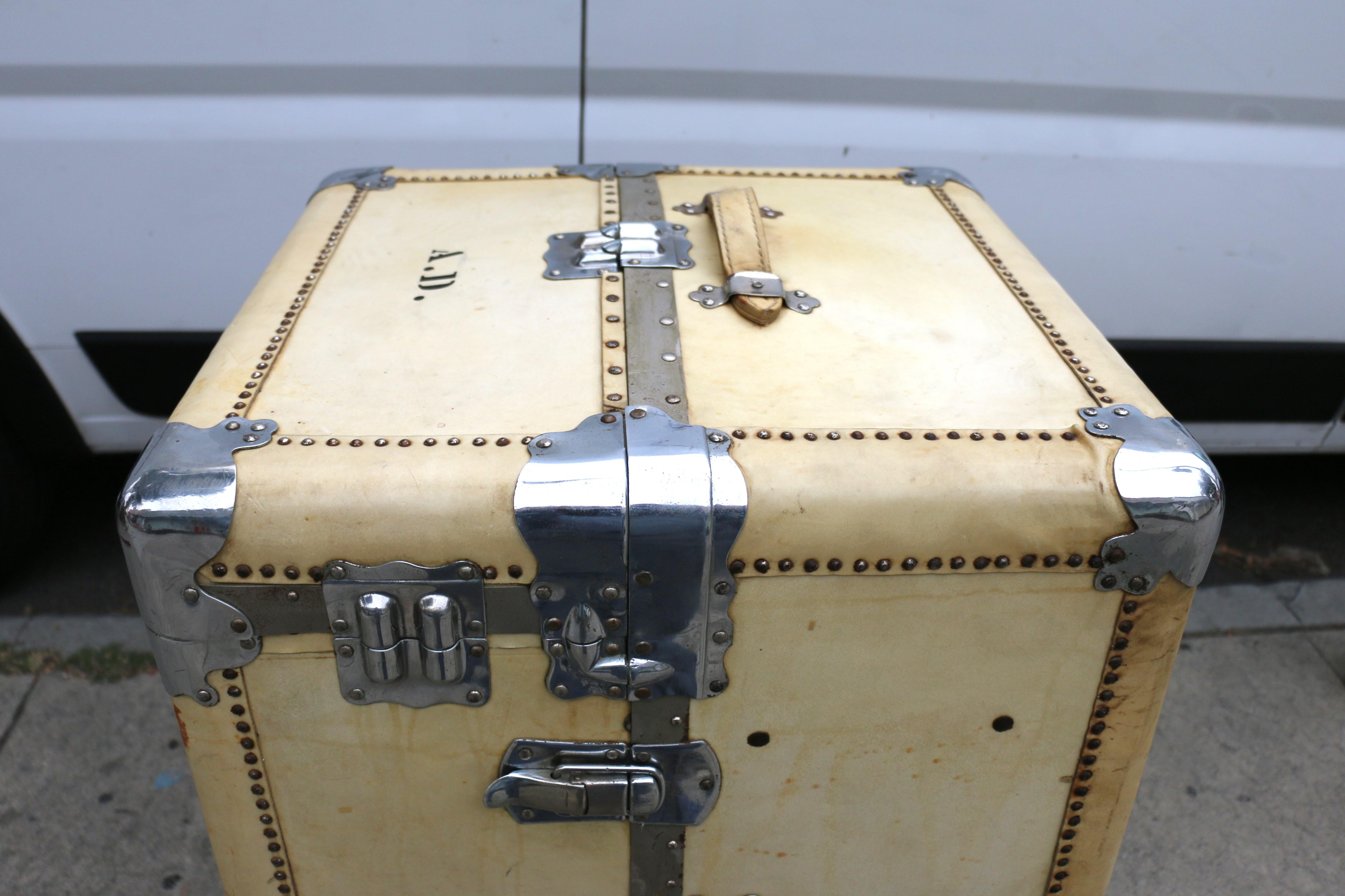 Unknown 1930s Wardrobe Steamer Trunk Luggage Goat Skin Chest For Sale