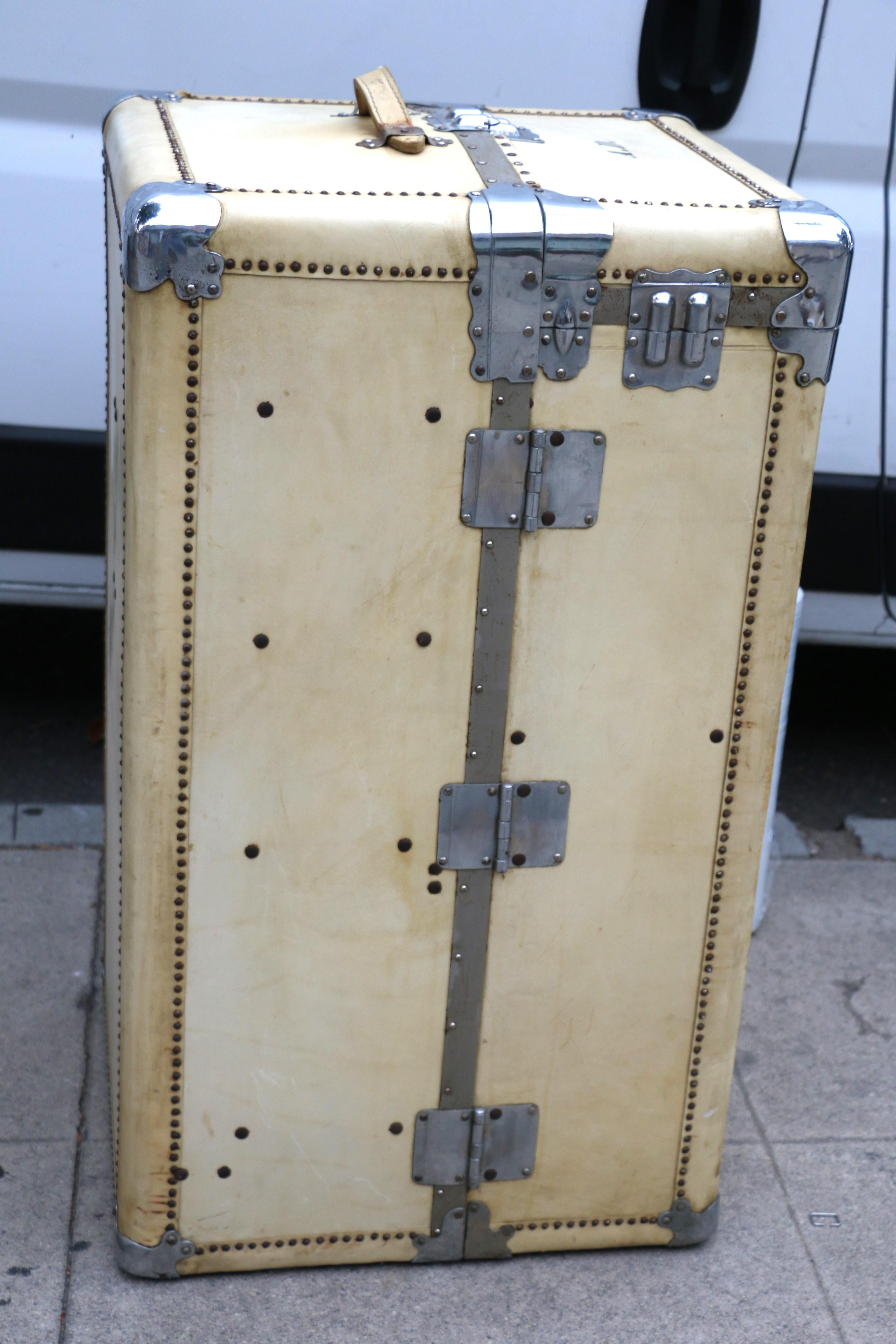 Mid-20th Century 1930s Wardrobe Steamer Trunk Luggage Goat Skin Chest For Sale