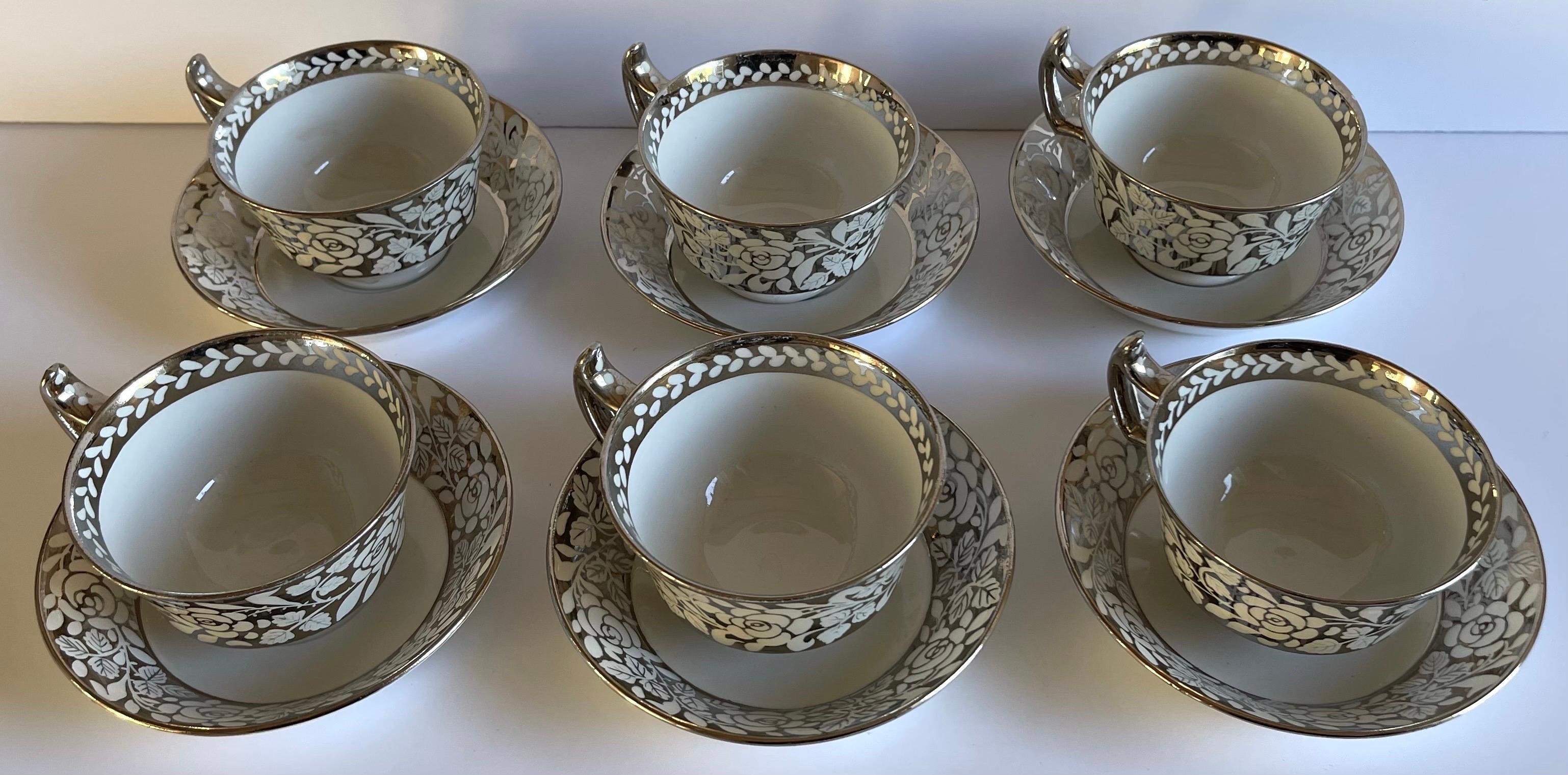 Edwardian 1930s Wedgwood Lustreware Tea Cups & Saucers, Set of 6 For Sale