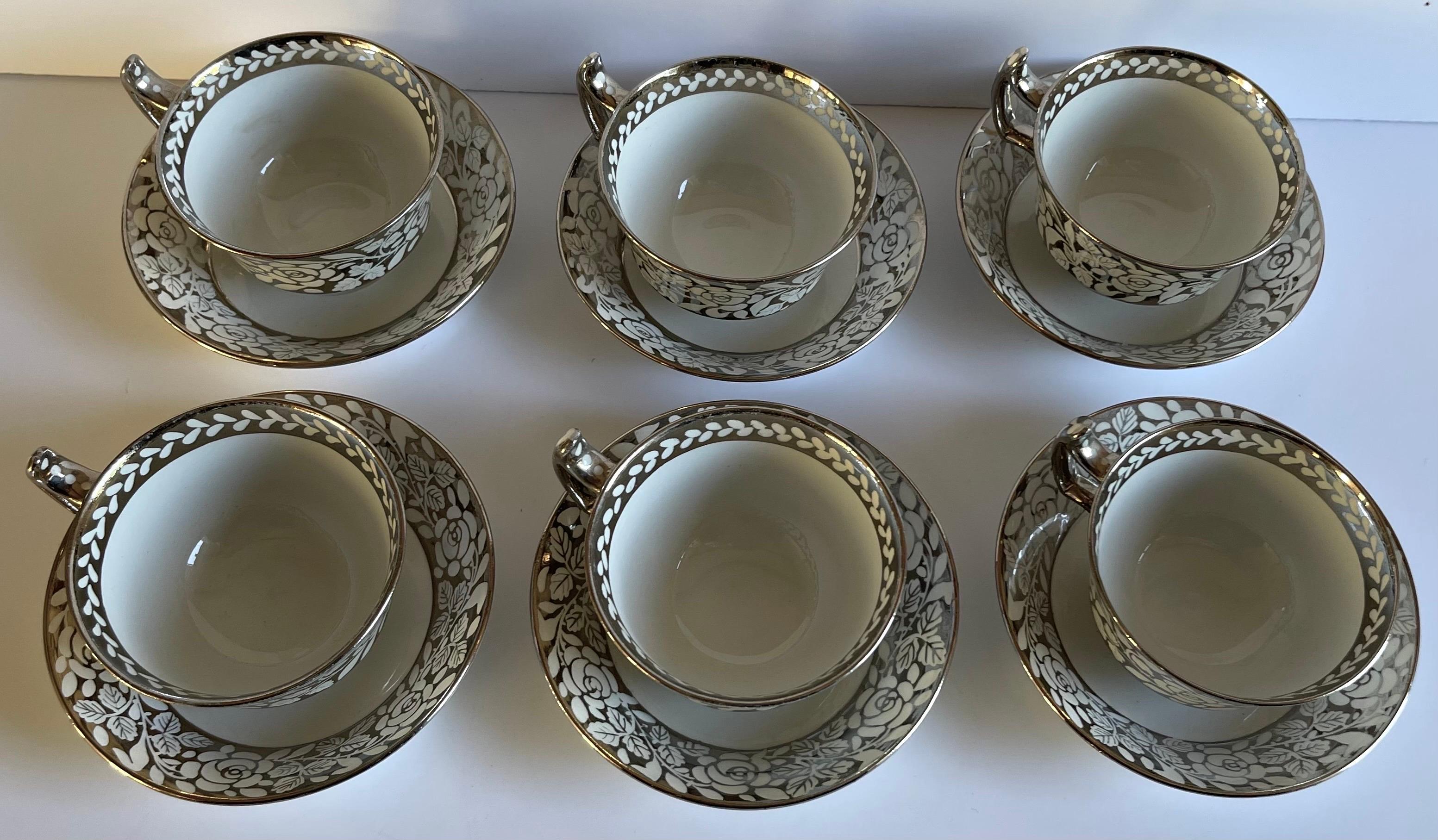 Painted 1930s Wedgwood Lustreware Tea Cups & Saucers, Set of 6 For Sale