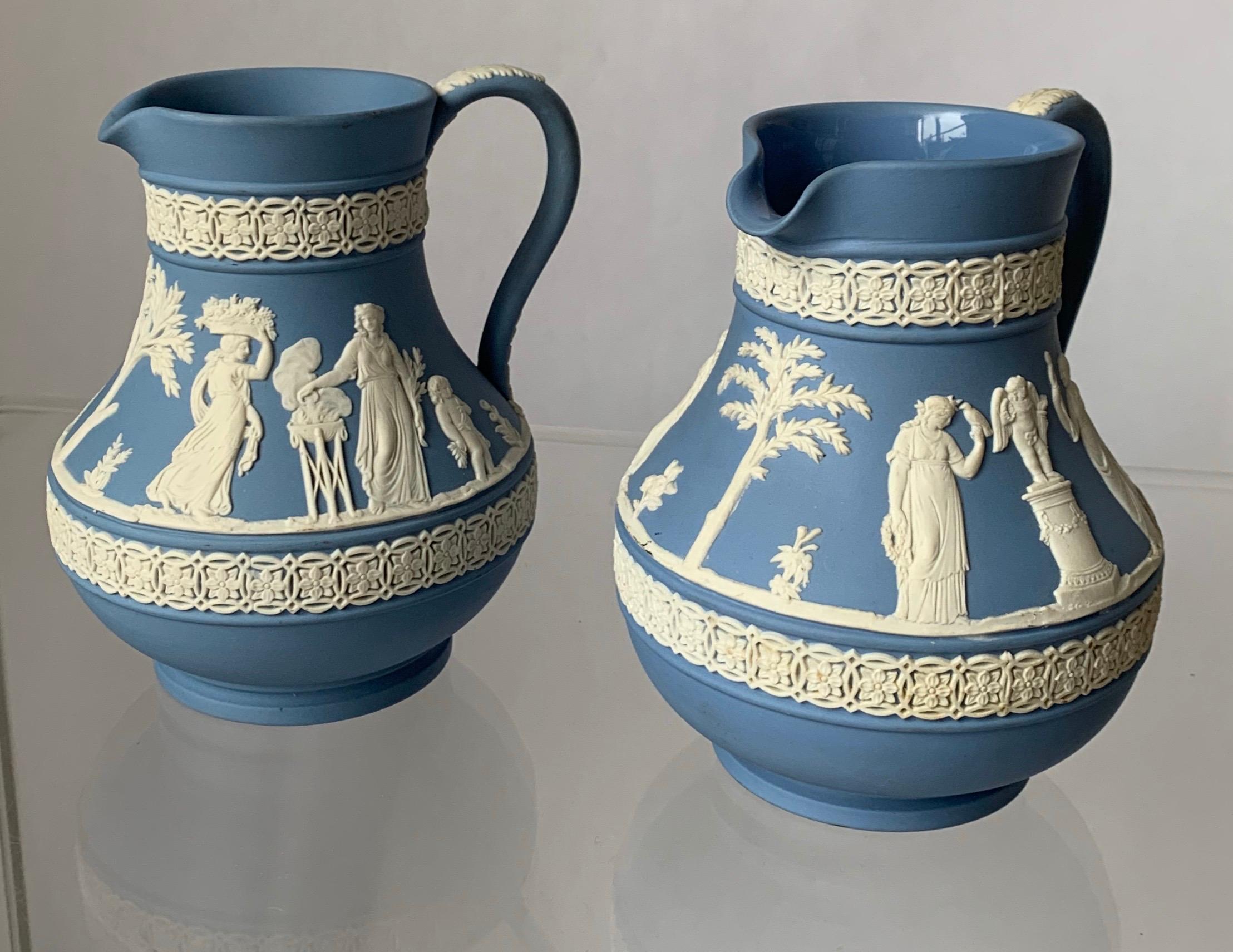 1930s Wedgwood Neoclassical Light Blue Jasperware Pitchers, Set of 2 In Good Condition In Stamford, CT