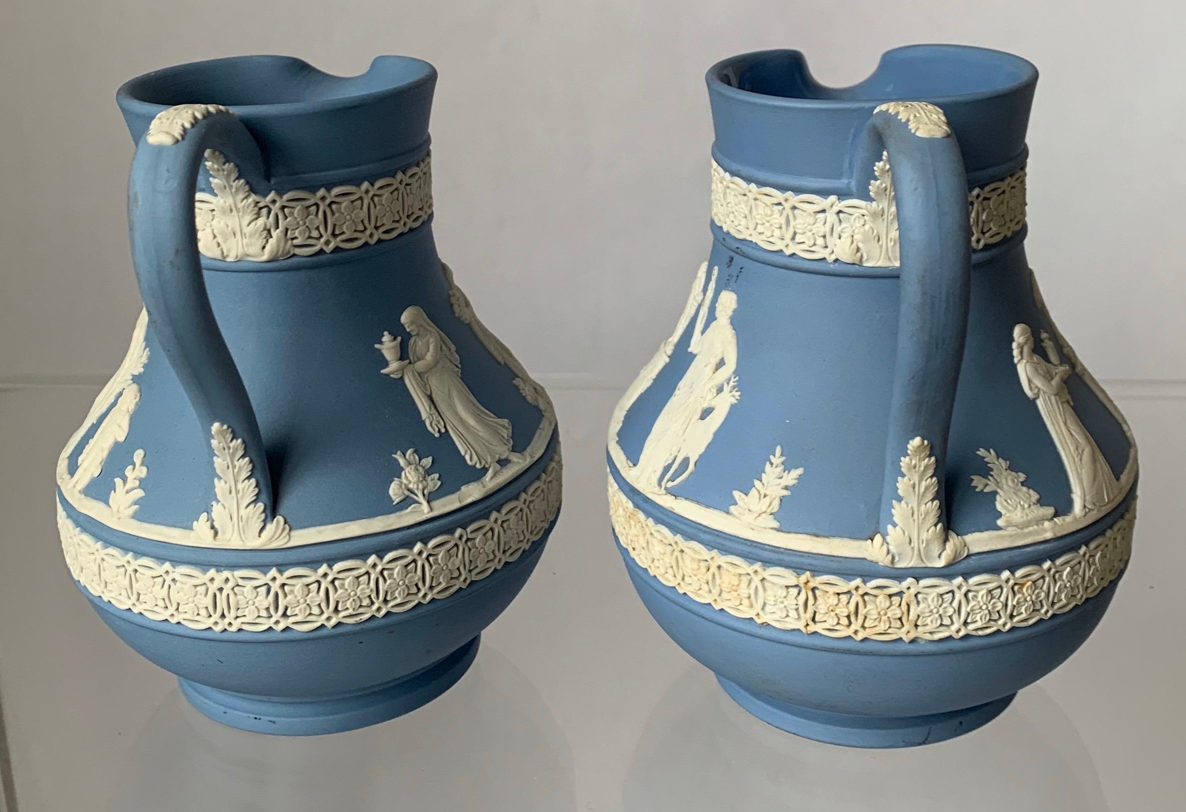 Pottery 1930s Wedgwood Neoclassical Light Blue Jasperware Pitchers, Set of 2