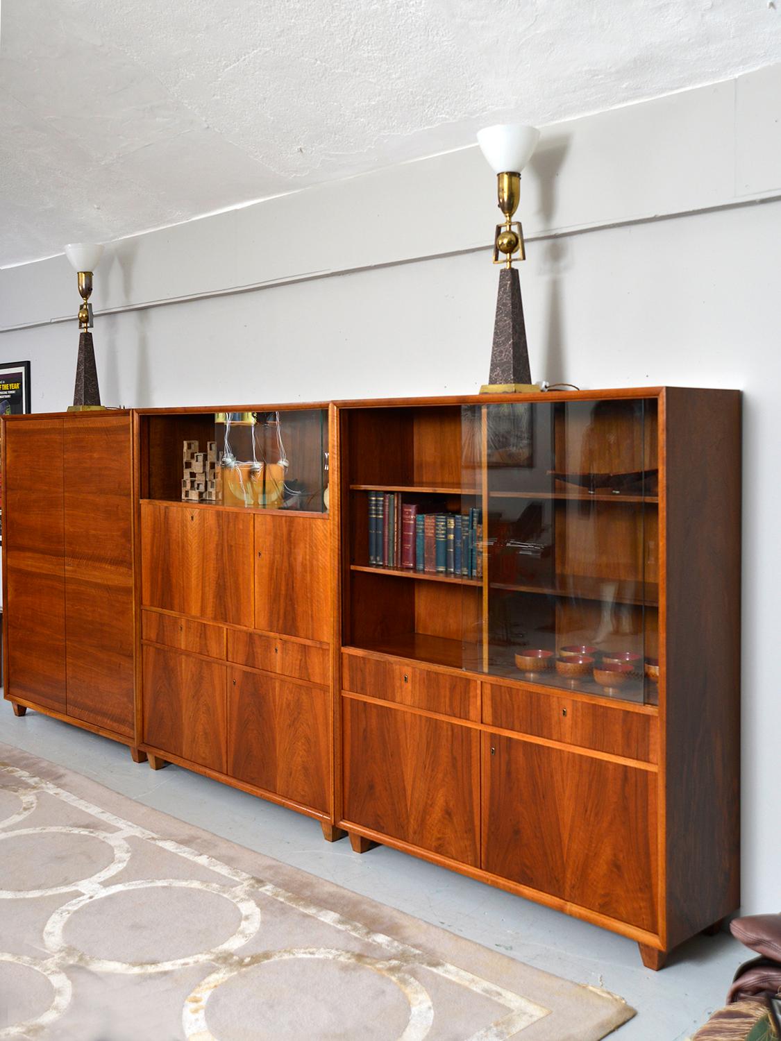 Glass 1930s Weimar Republic Bauhaus German Modernist Secretaire Bookcase Suite Walnut  For Sale