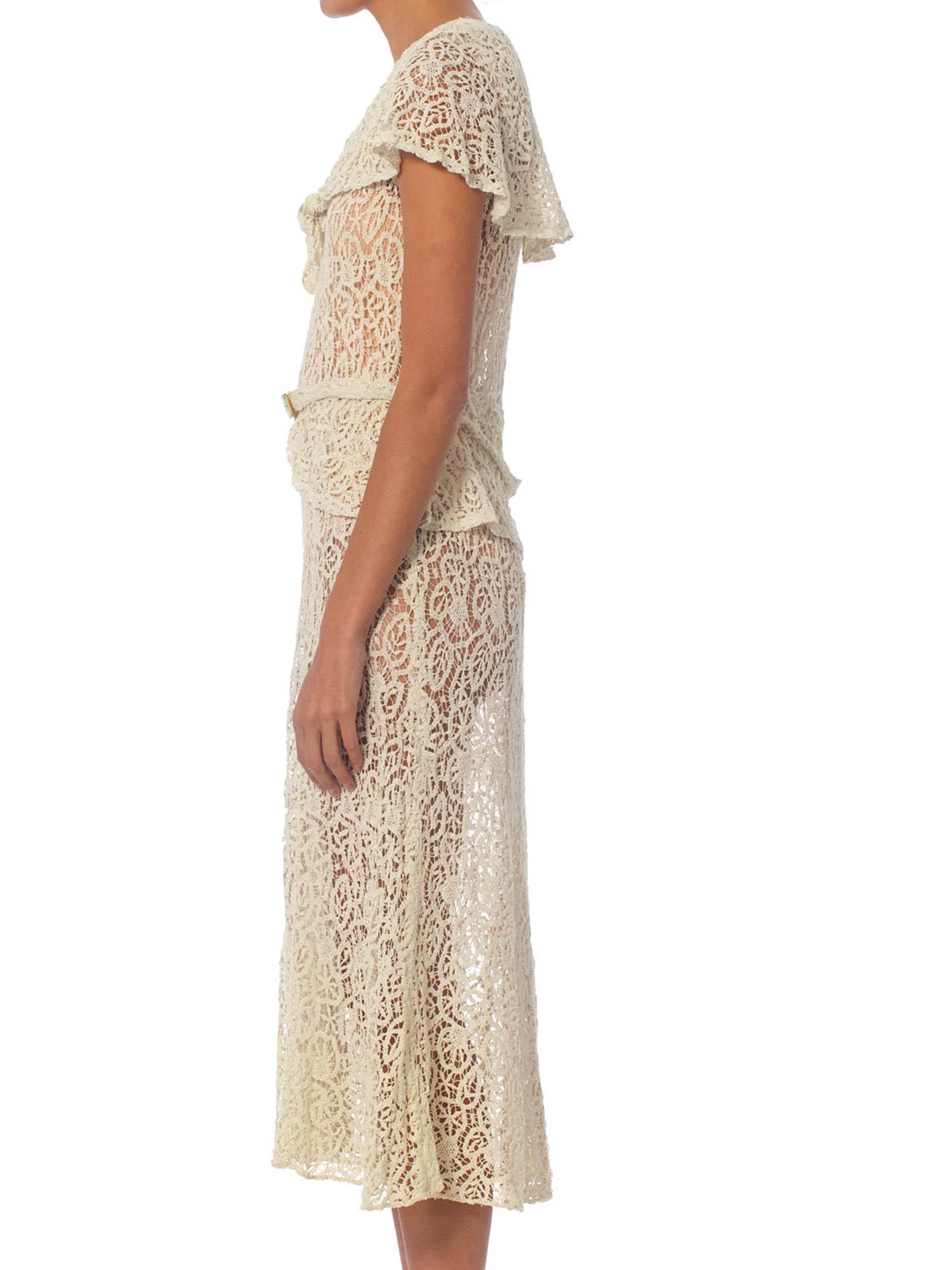 1930S White Bias Cut Cotton Lace Dress With Caplet Sleeves, Peplum & Art-Deco Belt