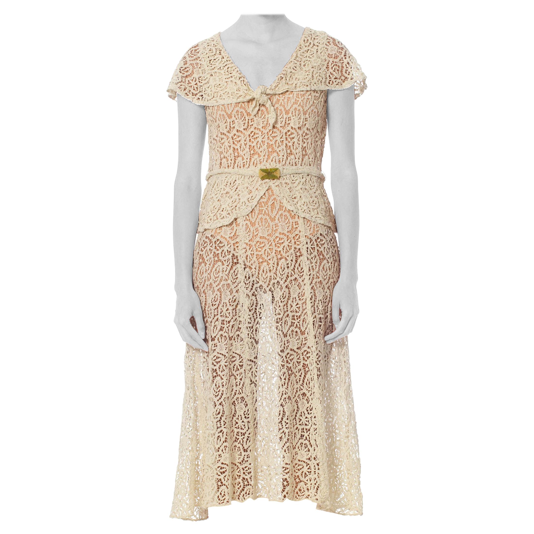 1930S White Bias Cut Cotton Lace Dress With Caplet Sleeves, Peplum & Art-Deco B For Sale