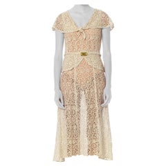 1930S White Bias Cut Cotton Lace Dress With Caplet Sleeves, Peplum & Art-Deco B