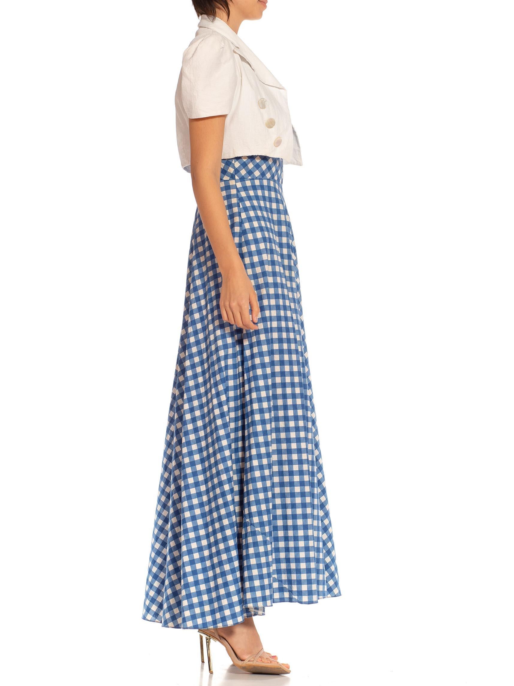 Some discoloration near side seam 1930S White & Blue Cotton Gingham Full Skirt Dress With Matching Jacket Deadstock NWT 