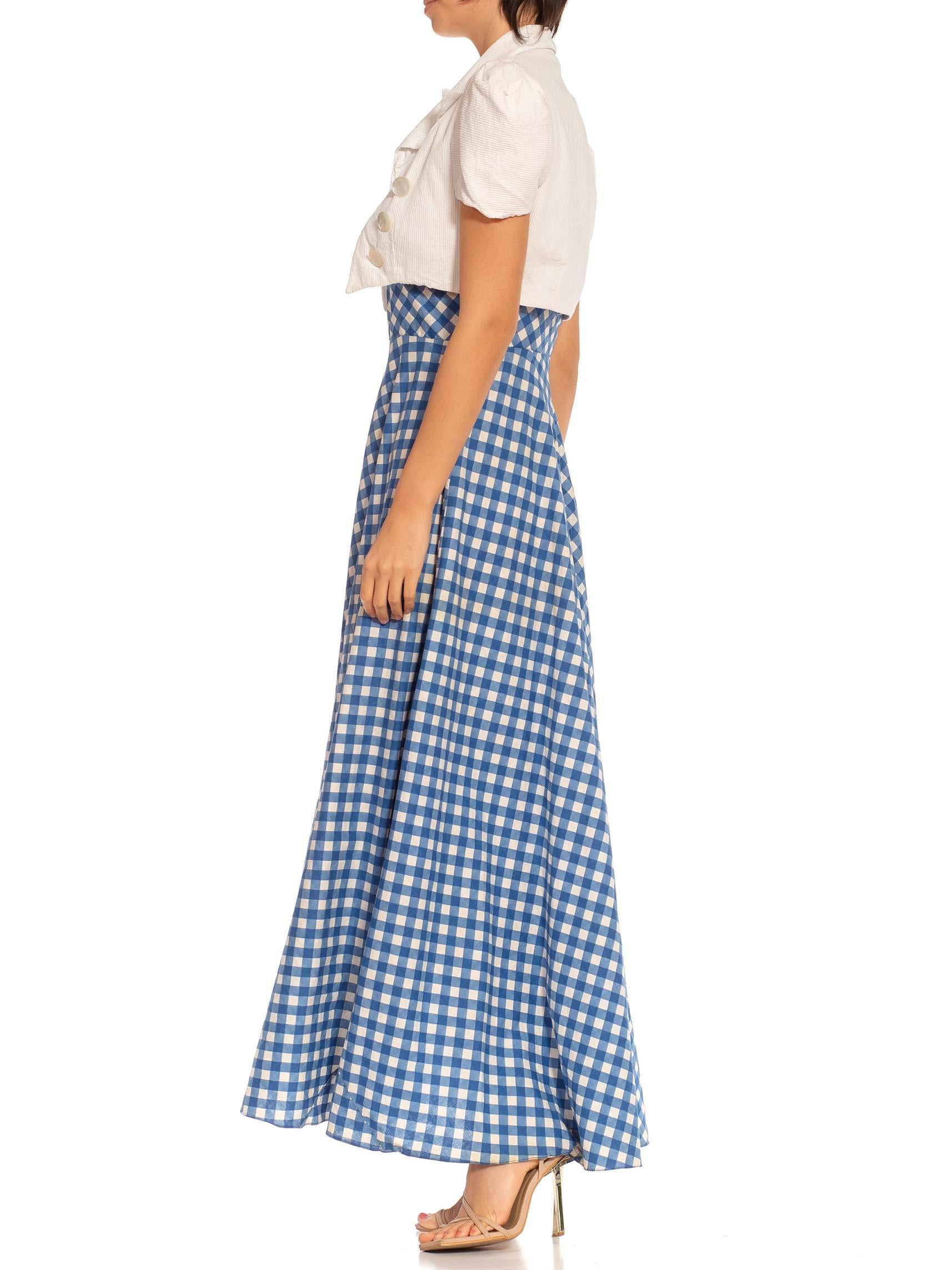 1930S Weiß & Blau Baumwolle Gingham Full Skirt Kleid mit passender Jacke Deadsto (Grau) im Angebot