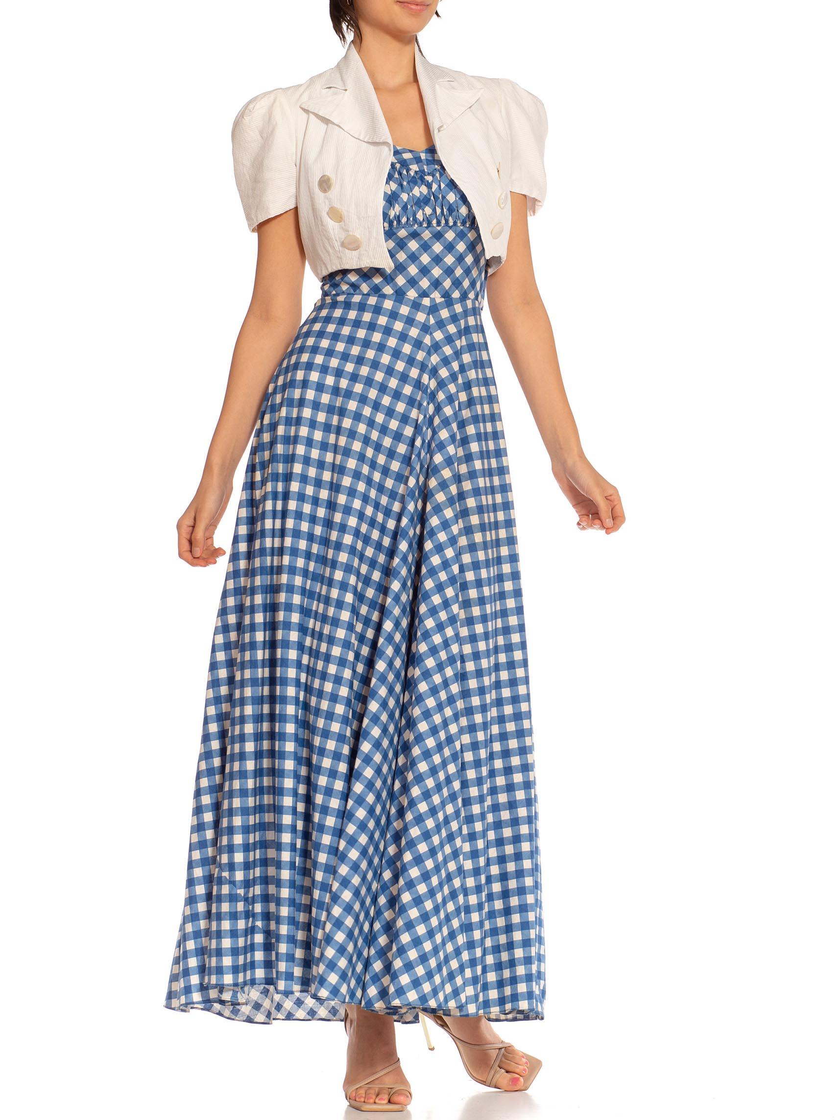 1930S Weiß & Blau Baumwolle Gingham Full Skirt Kleid mit passender Jacke Deadsto im Zustand „Hervorragend“ im Angebot in New York, NY