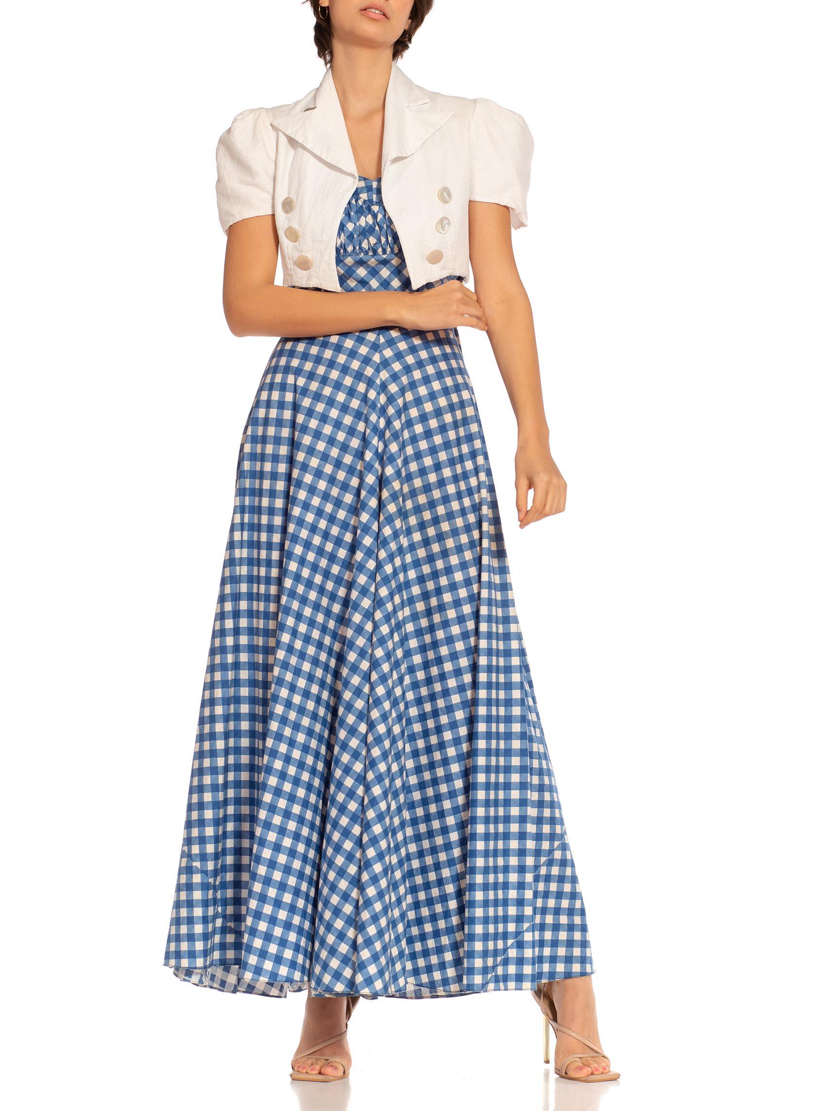 Women's 1930S White & Blue Cotton Gingham Full Skirt Dress With Matching Jacket Deadsto For Sale