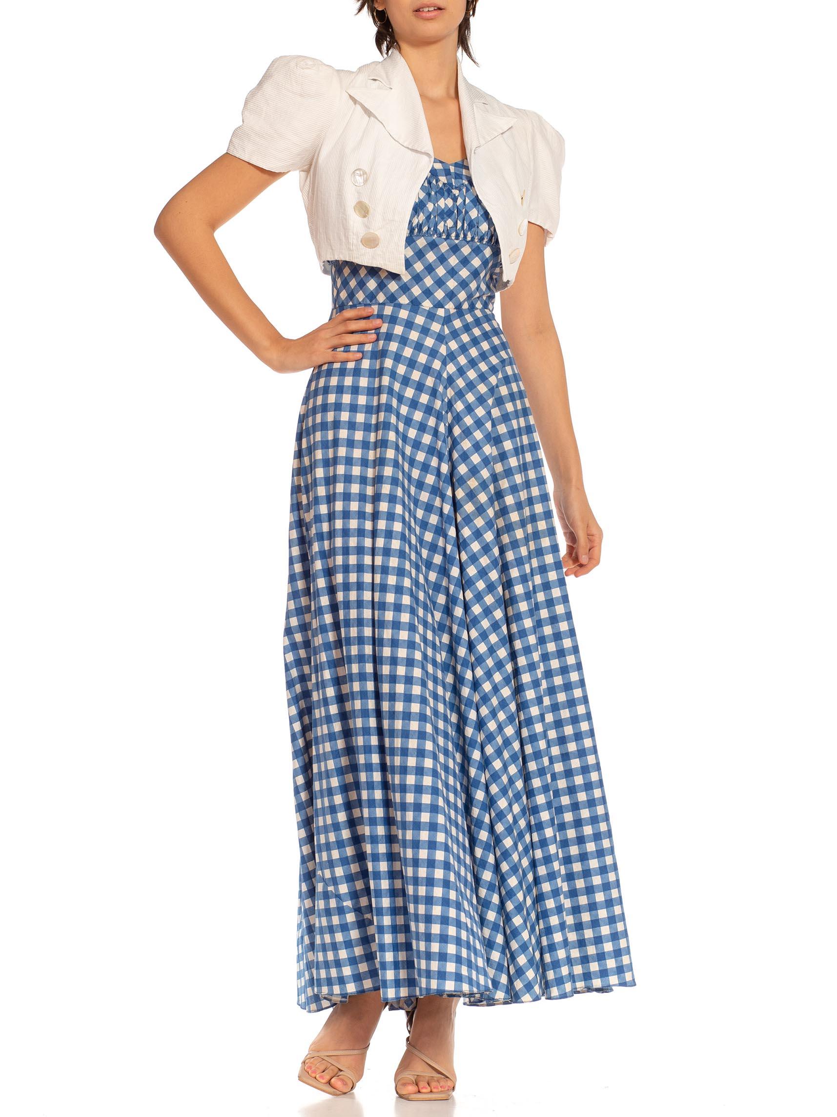 1930S White & Blue Cotton Gingham Full Skirt Dress With Matching Jacket Deadsto For Sale 1
