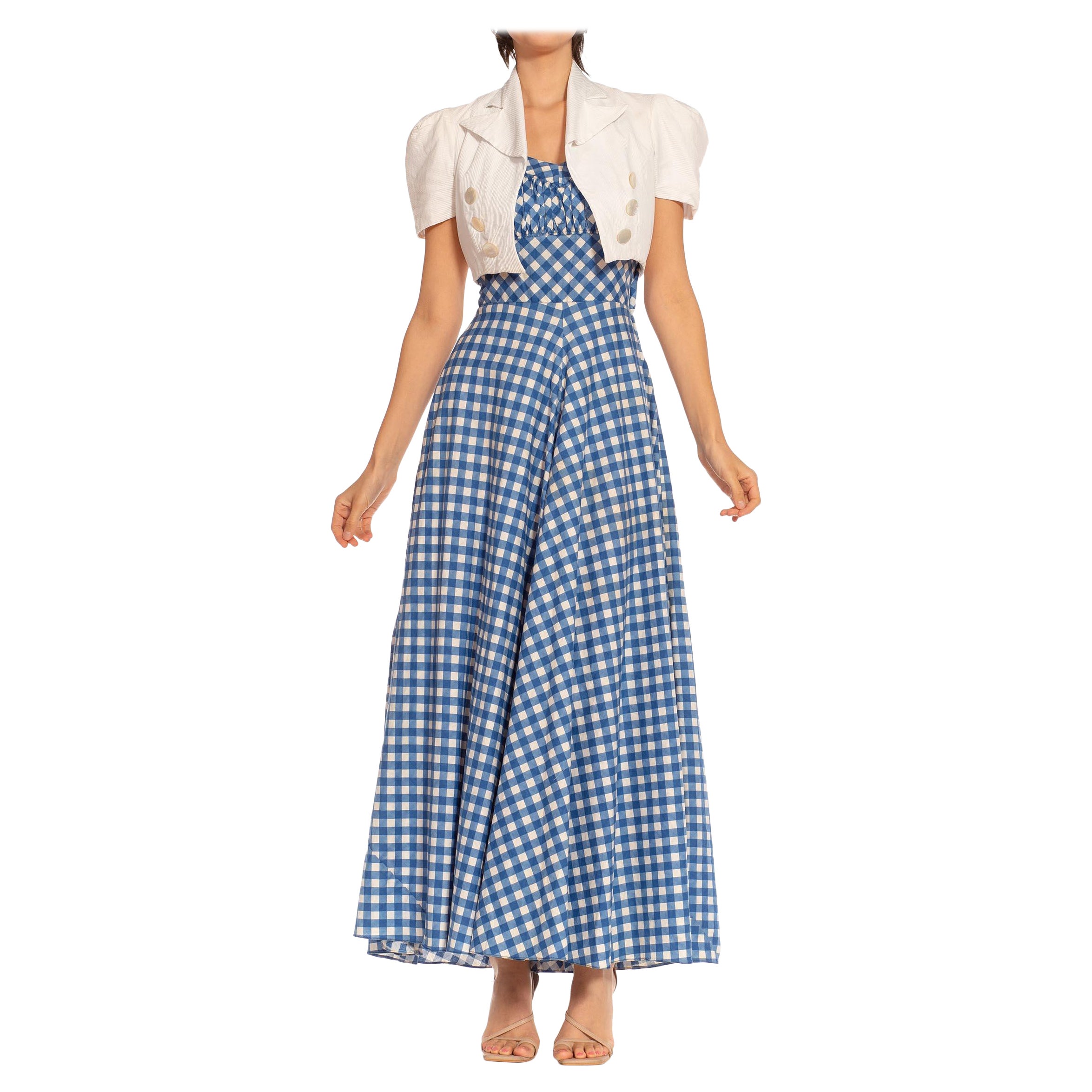 1930S Weiß & Blau Baumwolle Gingham Full Skirt Kleid mit passender Jacke Deadsto