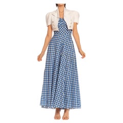 Vintage 1930S White & Blue Cotton Gingham Full Skirt Dress With Matching Jacket Deadsto