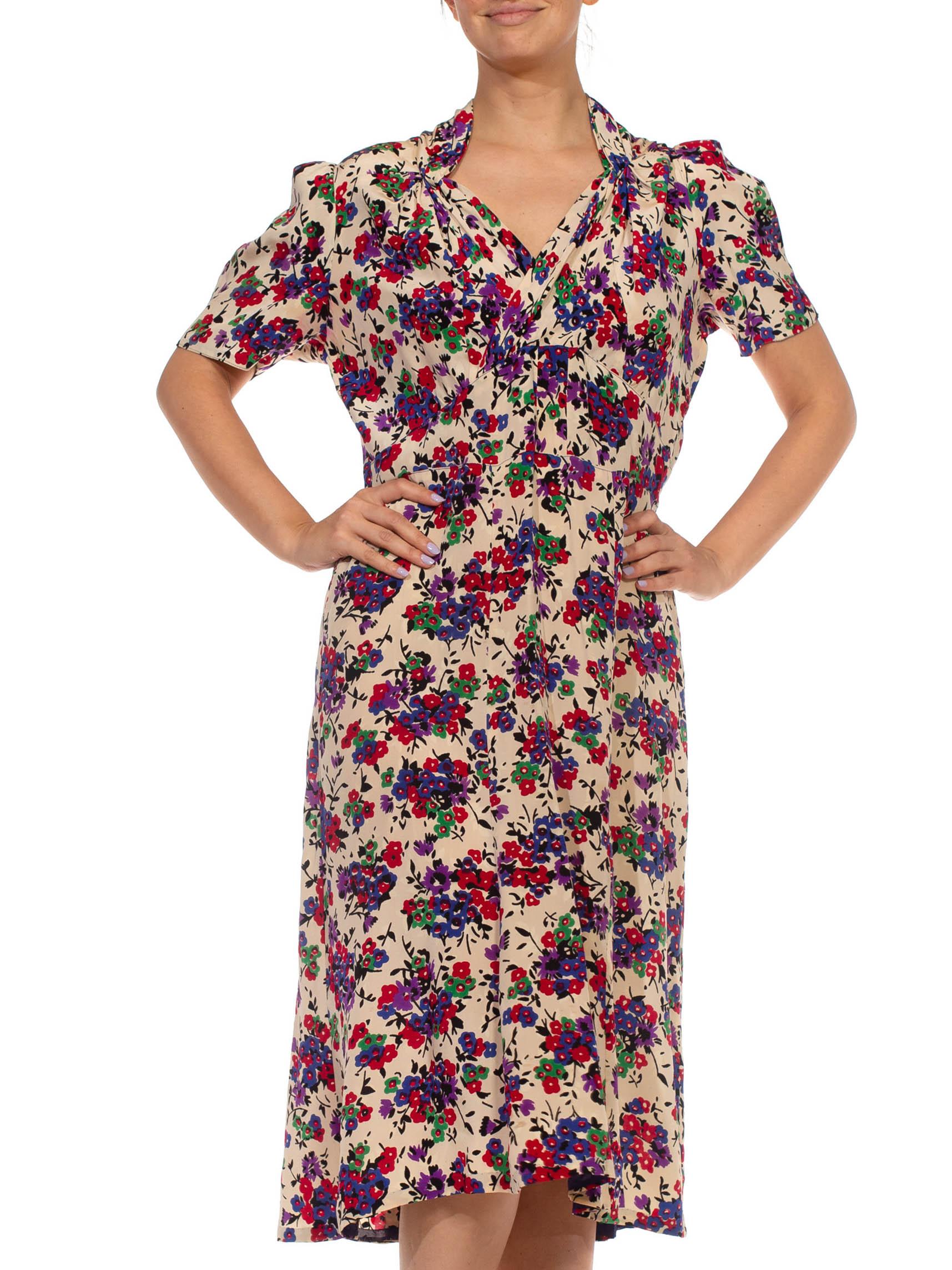 Women's 1930S White Blue Green & Red  Silk Crepe De Chine Ditsy Floral Print Dress For Sale
