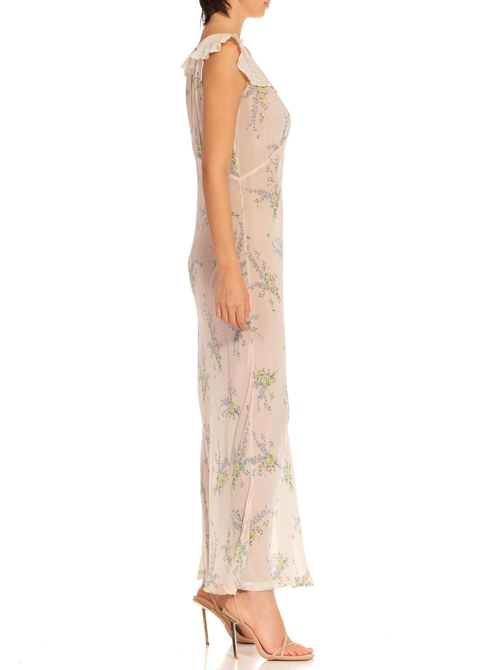 Beige 1930S White & Blue Nylon Floral Slip Dress With Lace Trim Neckline For Sale