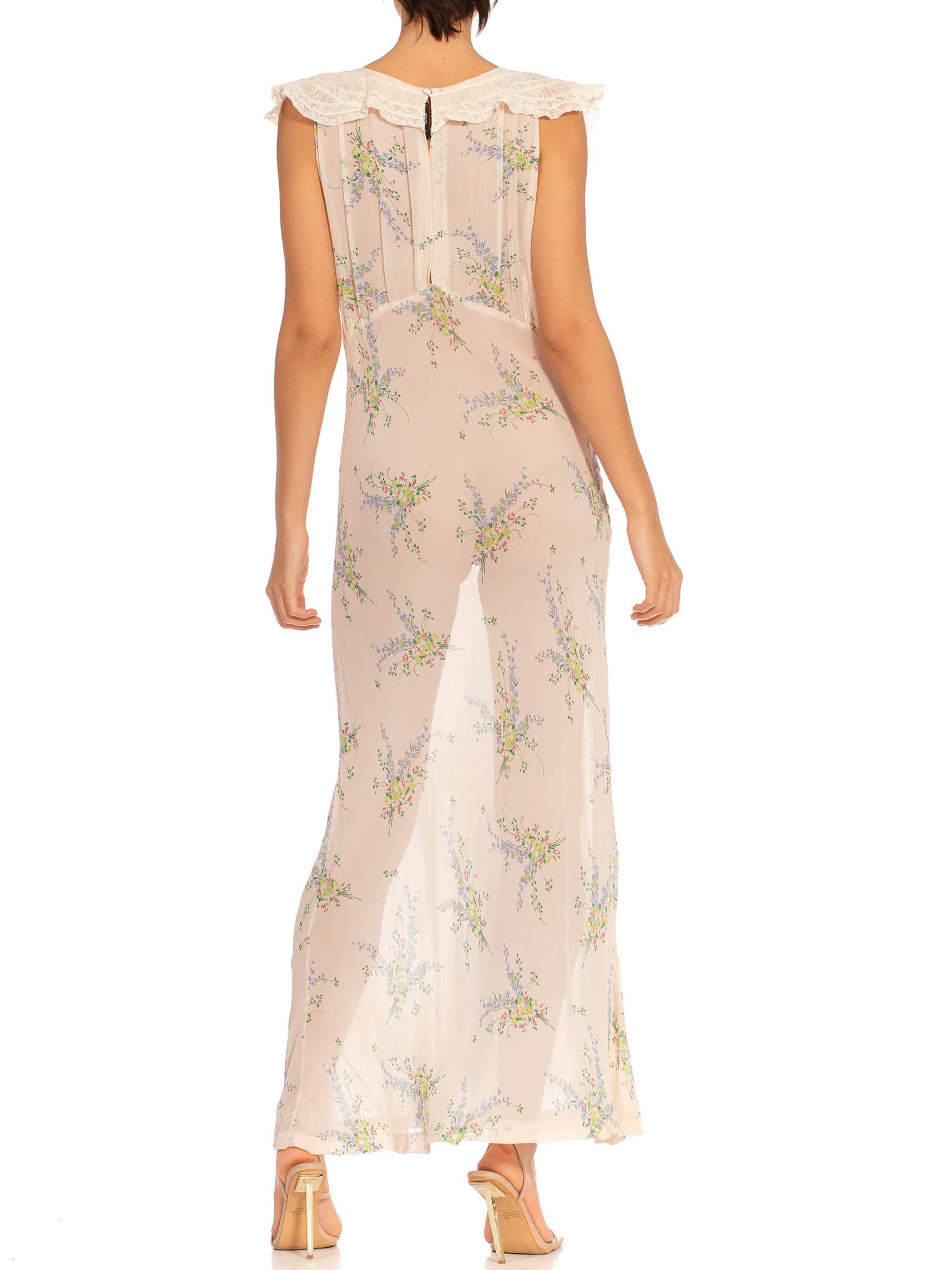 1930S White & Blue Nylon Floral Slip Dress With Lace Trim Neckline For Sale 4