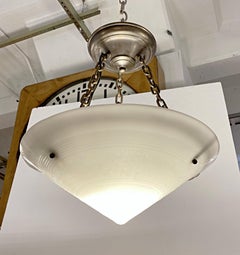 1930s White Cast Glass Dish Pendant Light Art Deco Cone Style