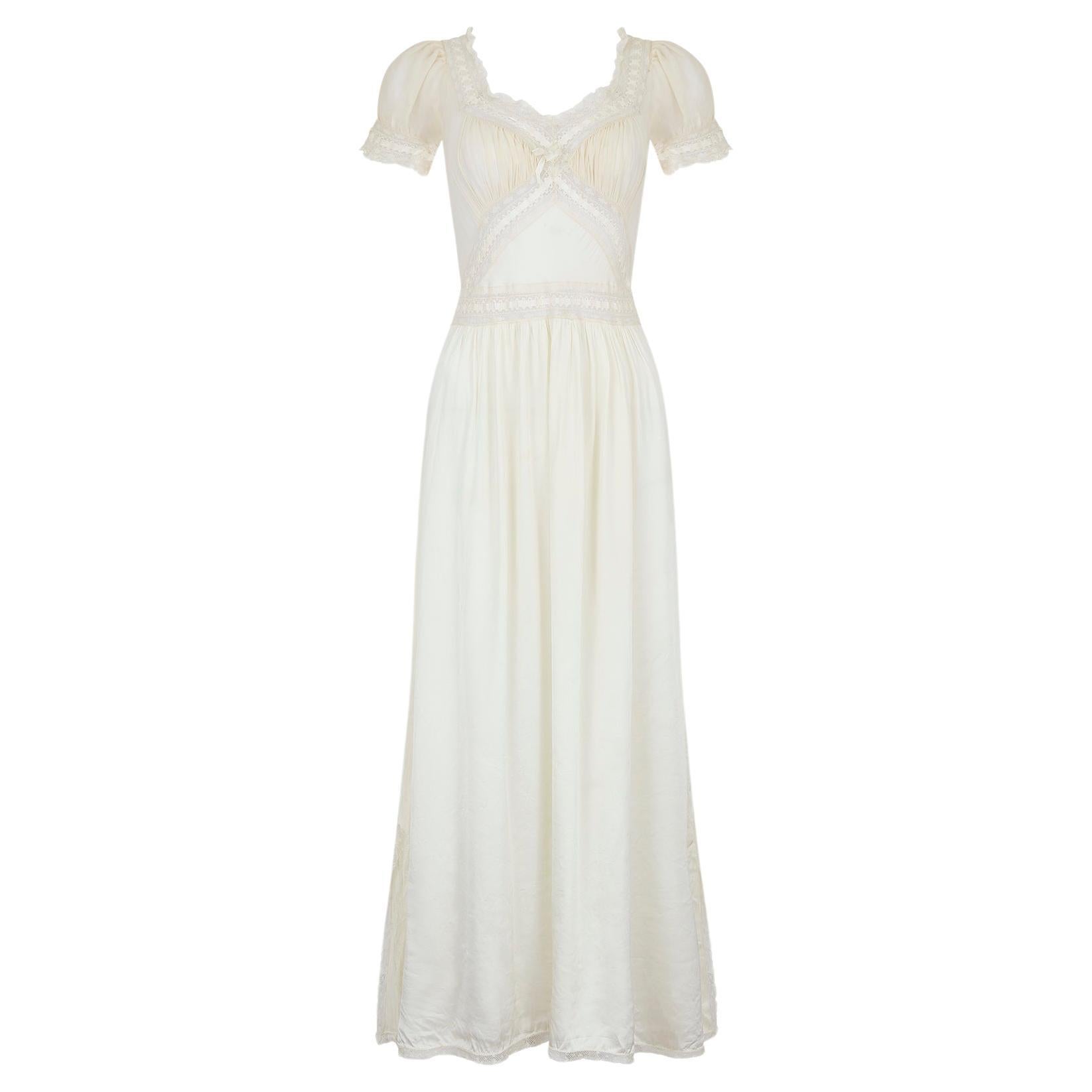 1930s White Charmeuse Rayon Dress with Lace Inserts