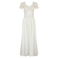 Robe en charmeuse de rayonne blanche des années 1930 avec empiècements en dentelle