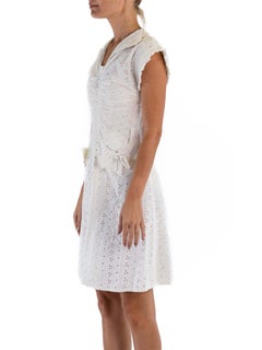 1930S White Cotton Eyelet Lace Cute Little Dress With Bow Pockets