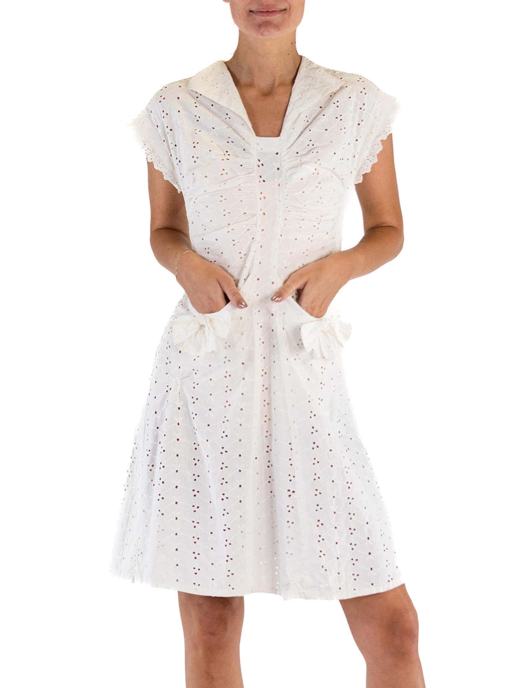 1930S White Cotton Eyelet Lace Cute Little Dress With Bow Pockets For Sale 1