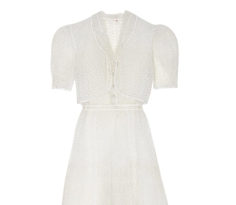 Gray 1930s White Floral Cutout Organza Dress For Sale