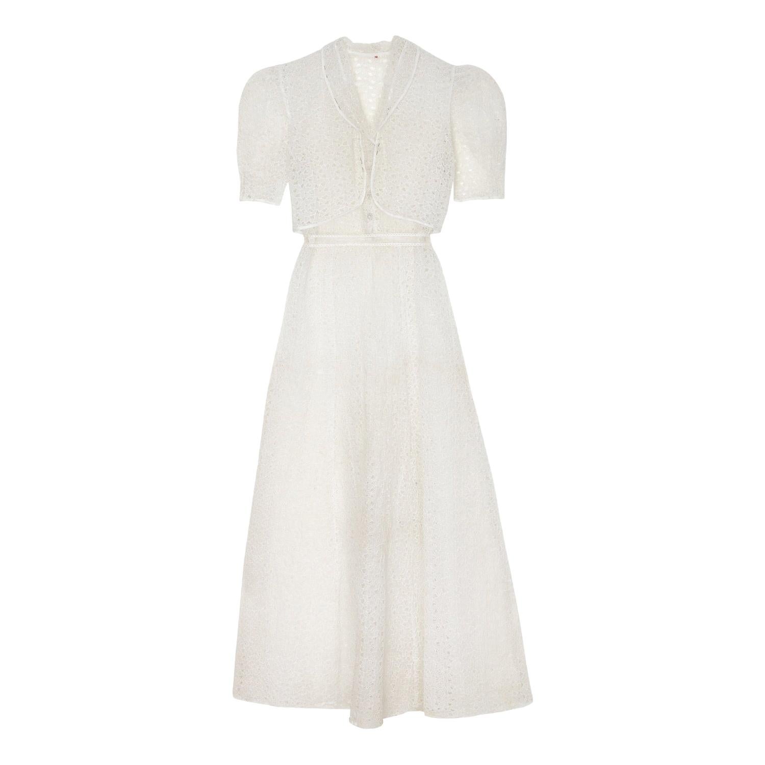 Weißes Organza-Kleid mit geblümtem Ausschnitt aus den 1930er Jahren im Angebot