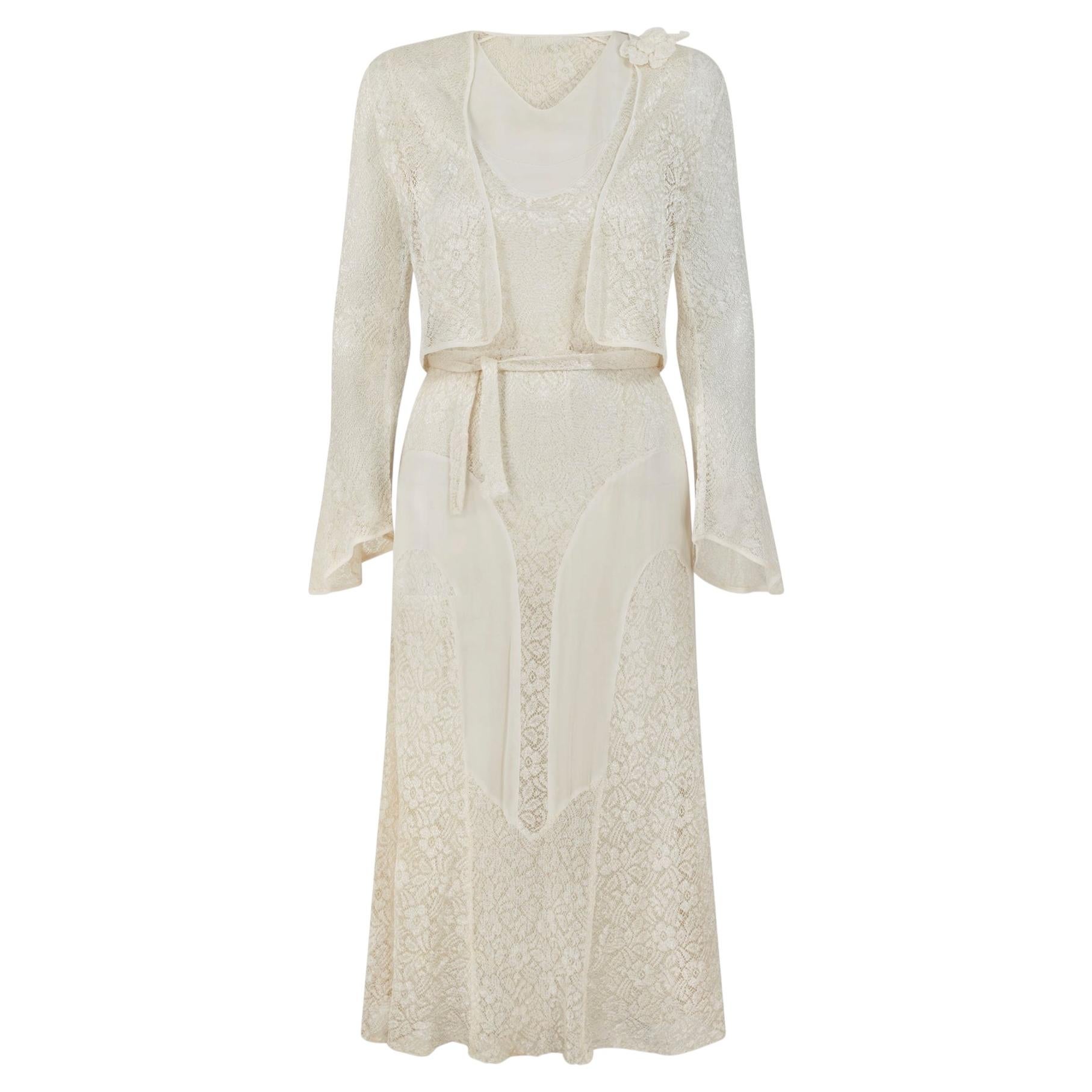 Robe midi en mousseline de tulle floral et dentelle avec veste, années 1930, Whiting