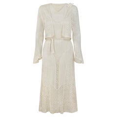 1930s White Floral Tulle and Lace Chiffon Midi Dress with Jacket