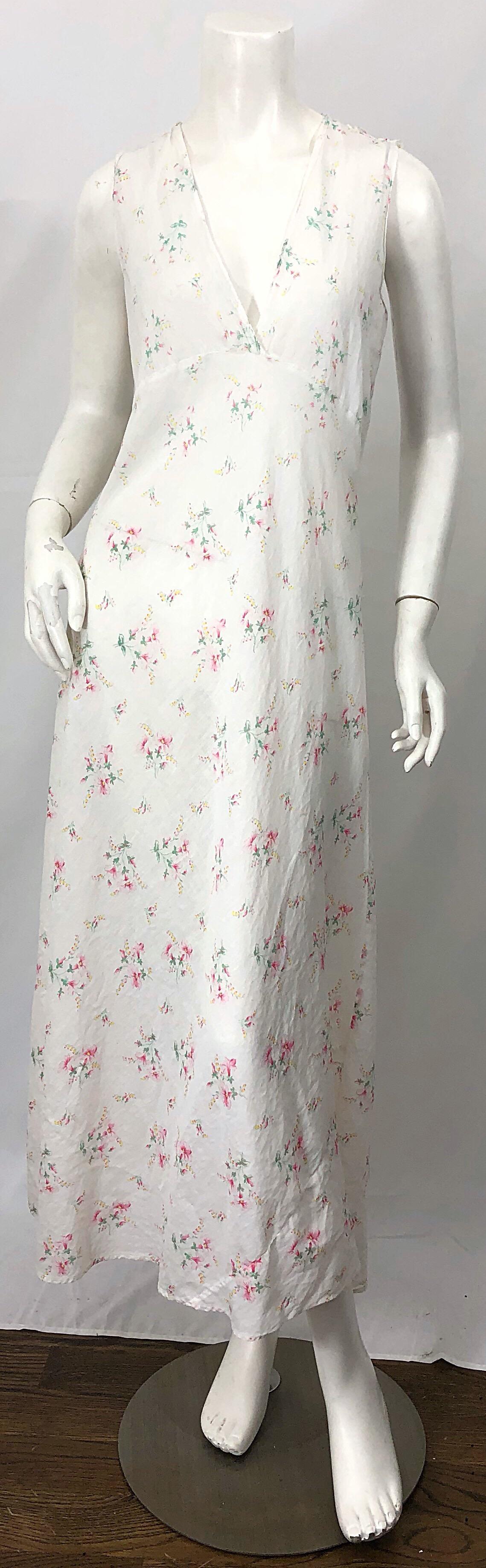 Gray 1930s White Flower Print Ruffle Neck Bias Cut Cotton Voile Vintage Maxi Dress For Sale
