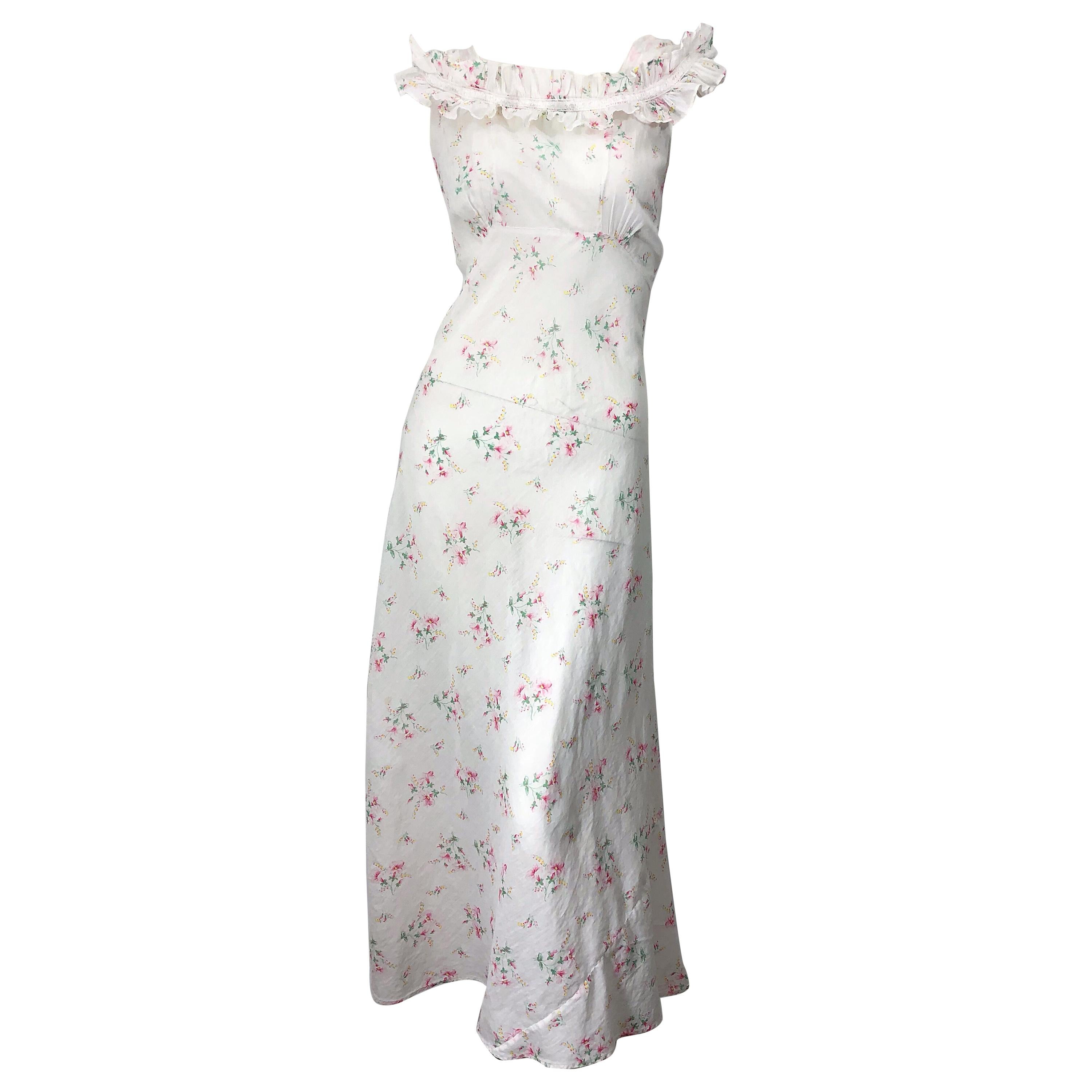 1930s White Flower Print Ruffle Neck Bias Cut Cotton Voile Vintage Maxi Dress For Sale