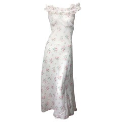 1930s White Flower Print Ruffle Neck Bias Cut Cotton Voile Vintage Maxi Dress