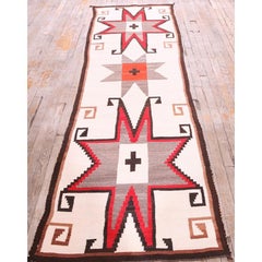 1930s White Geometric Antique Native American Navajo Crystal Flat Weave Runner