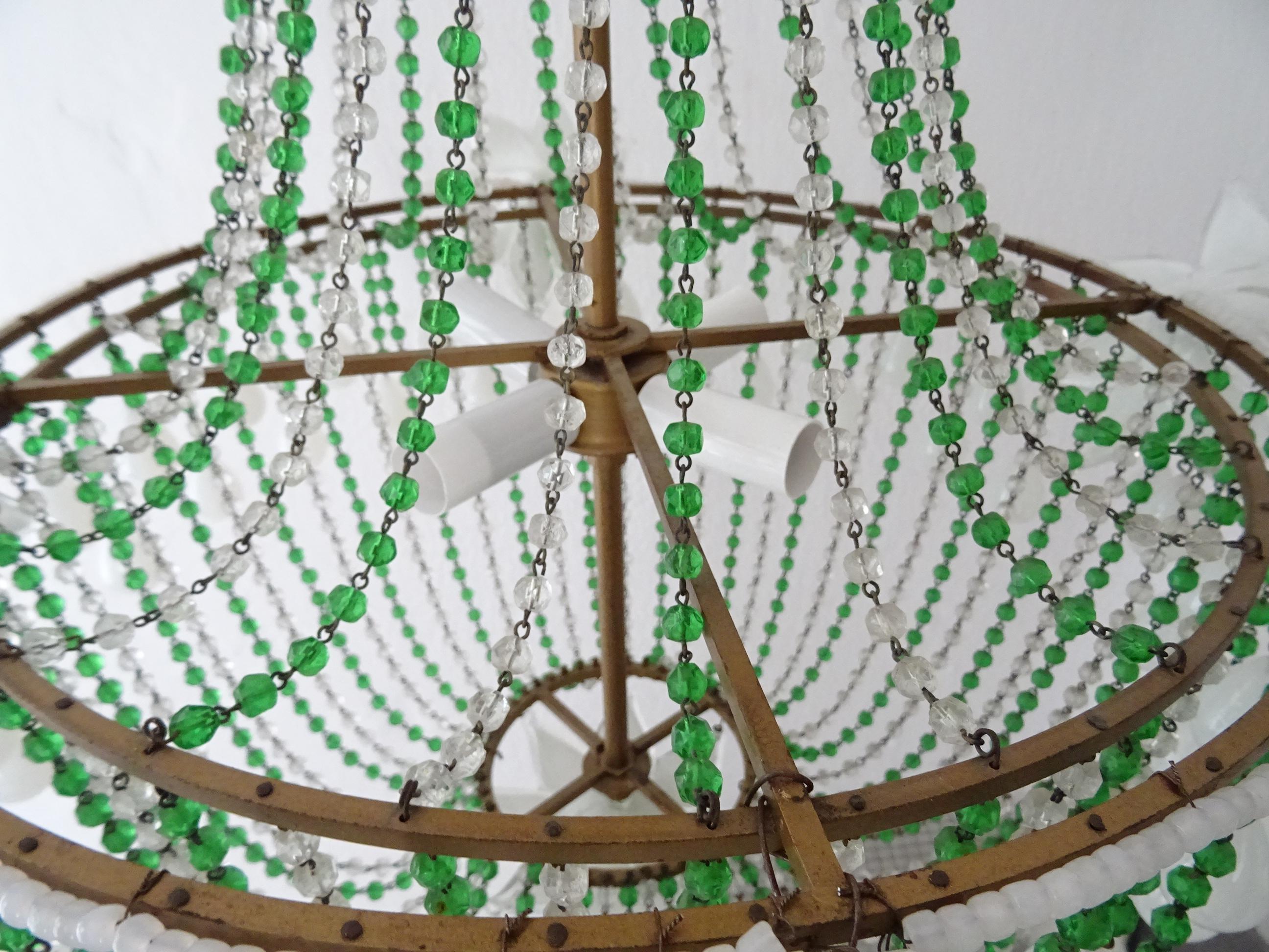 1930s White Opaline Huge Murano Flowers Drops Green Beads Empire Chandelier For Sale 4