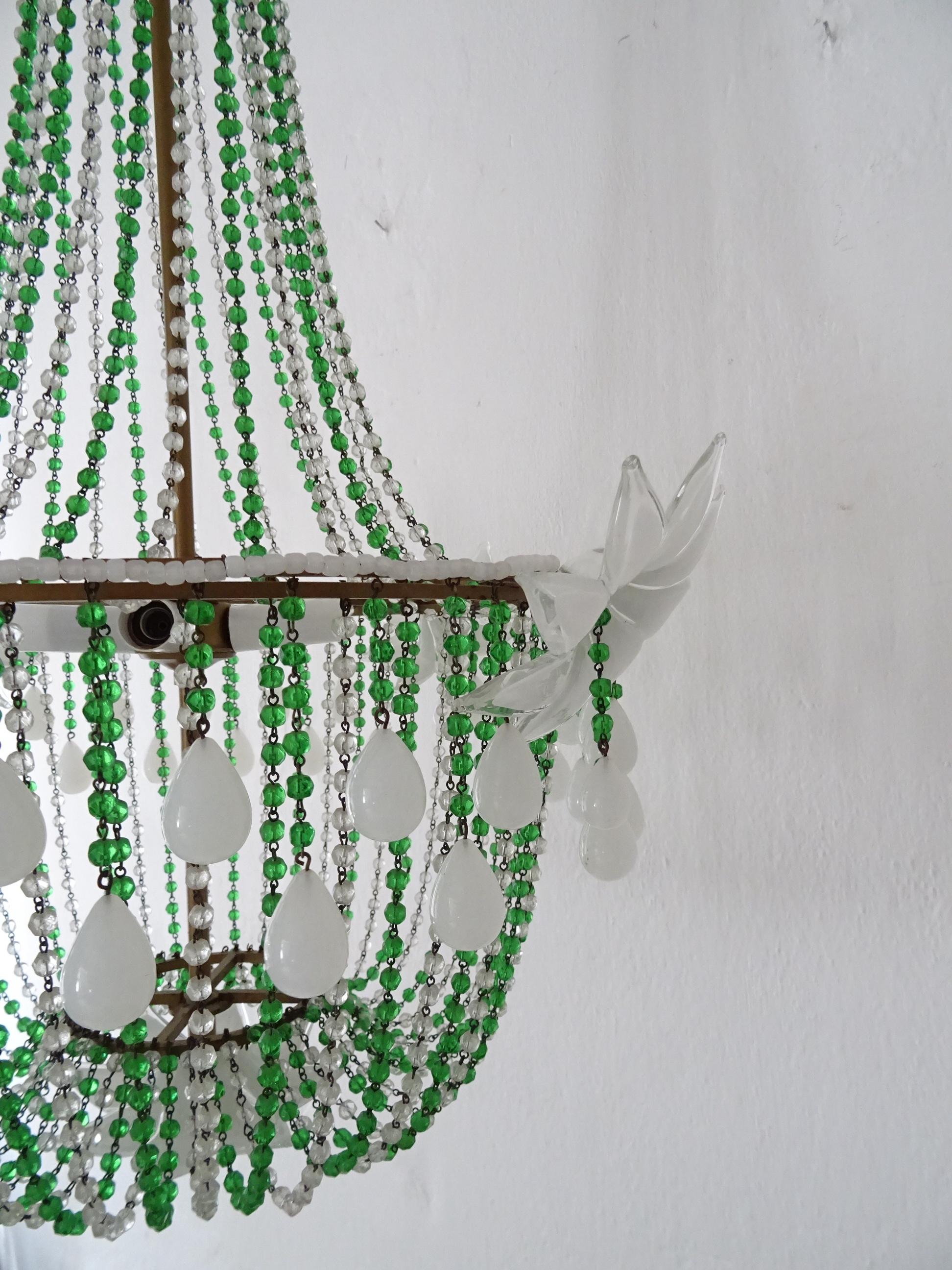 1930s White Opaline Huge Murano Flowers Drops Green Beads Empire Chandelier For Sale 5