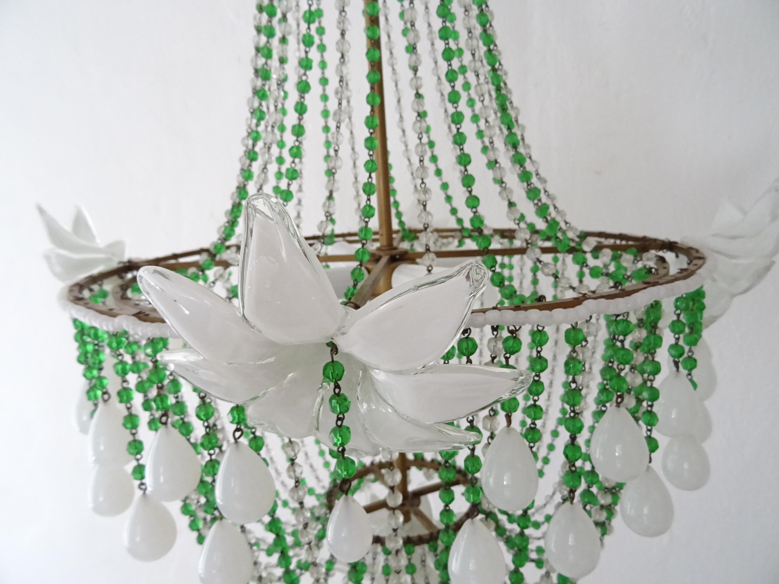 1930s White Opaline Huge Murano Flowers Drops Green Beads Empire Chandelier For Sale 6
