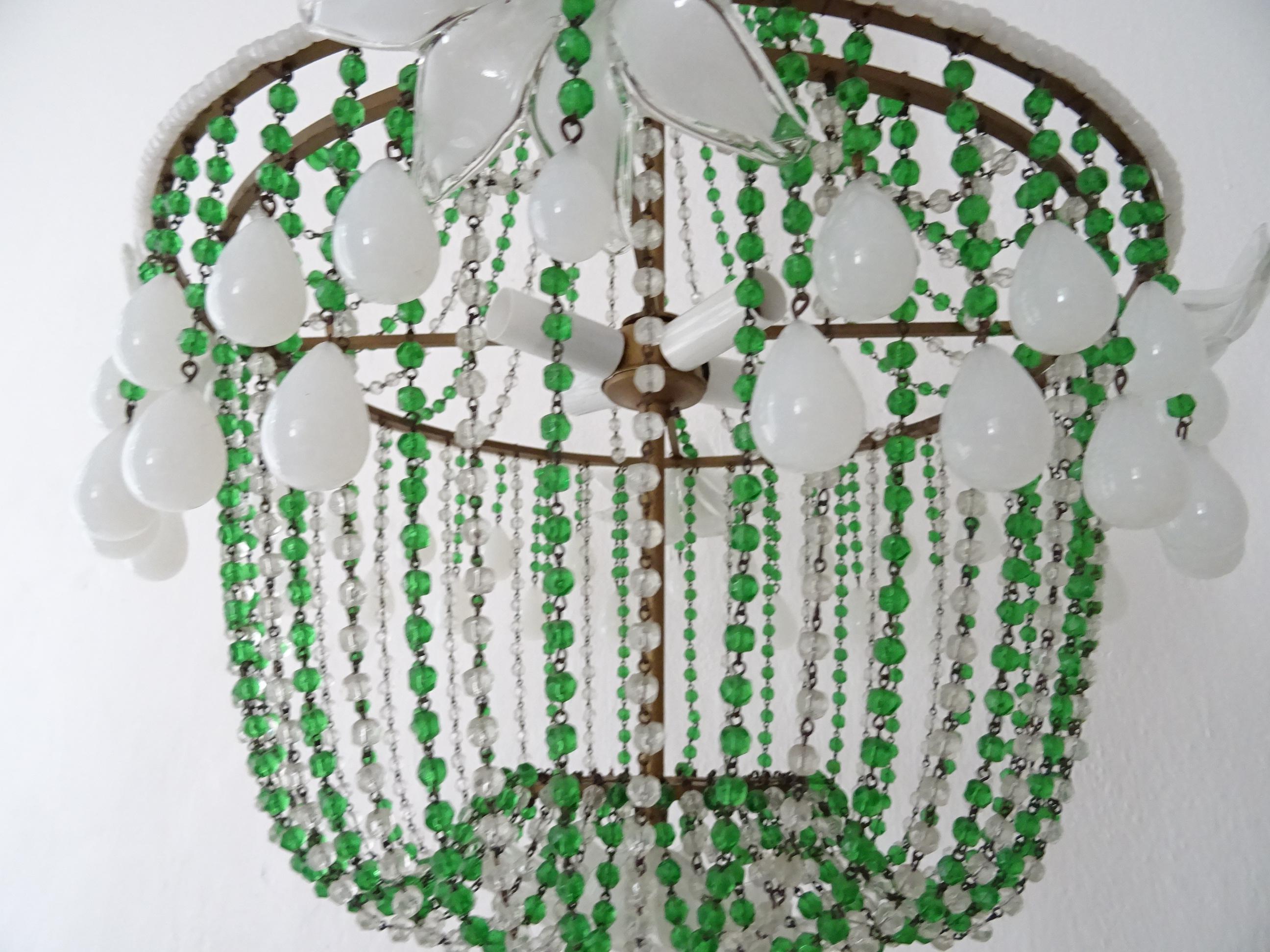 1930s White Opaline Huge Murano Flowers Drops Green Beads Empire Chandelier For Sale 7