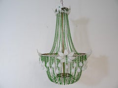 1930s White Opaline Huge Murano Flowers Drops Green Beads Empire Chandelier