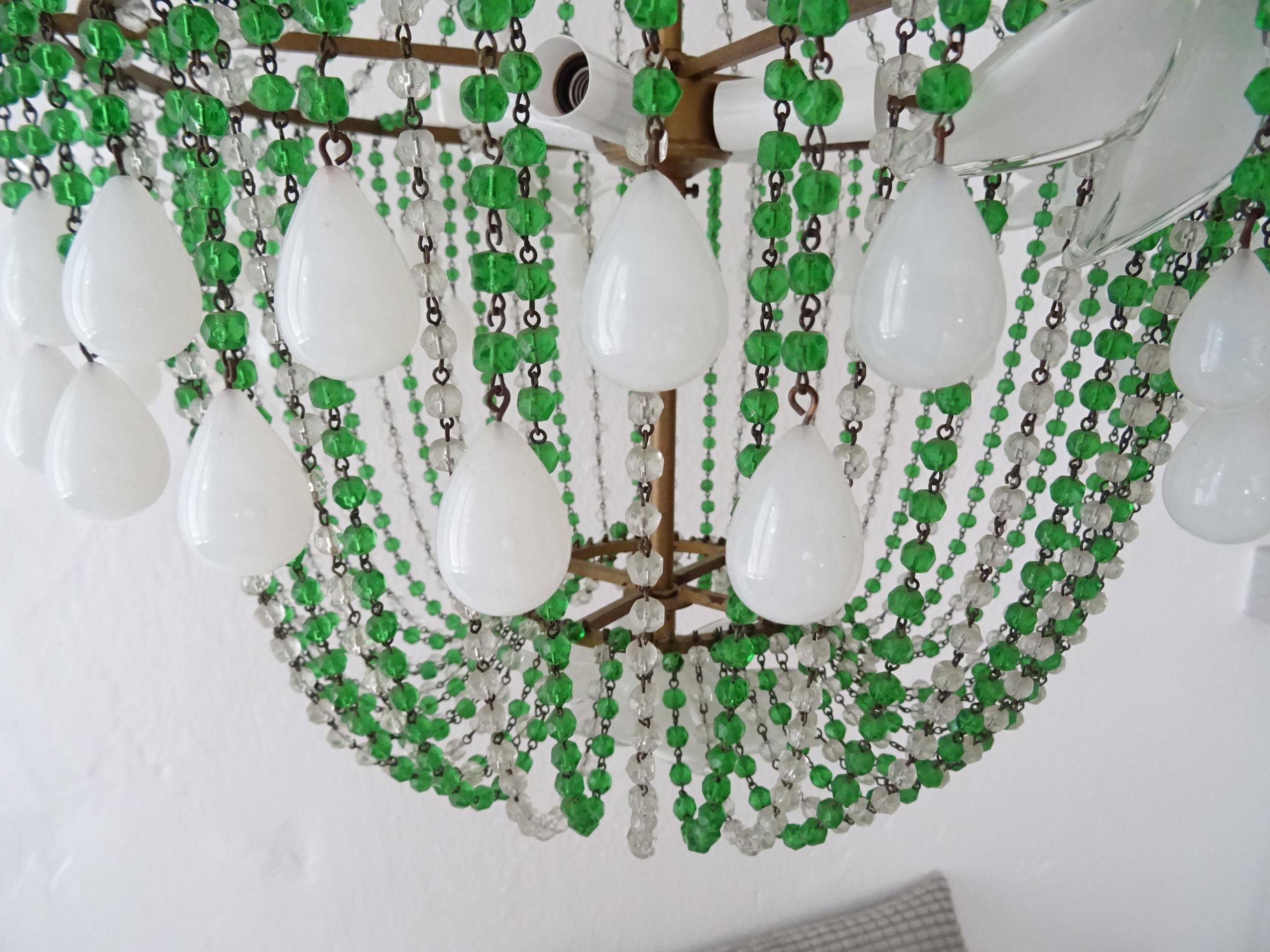 French 1930s White Opaline Huge Murano Flowers Drops Green Beads Empire Chandelier For Sale