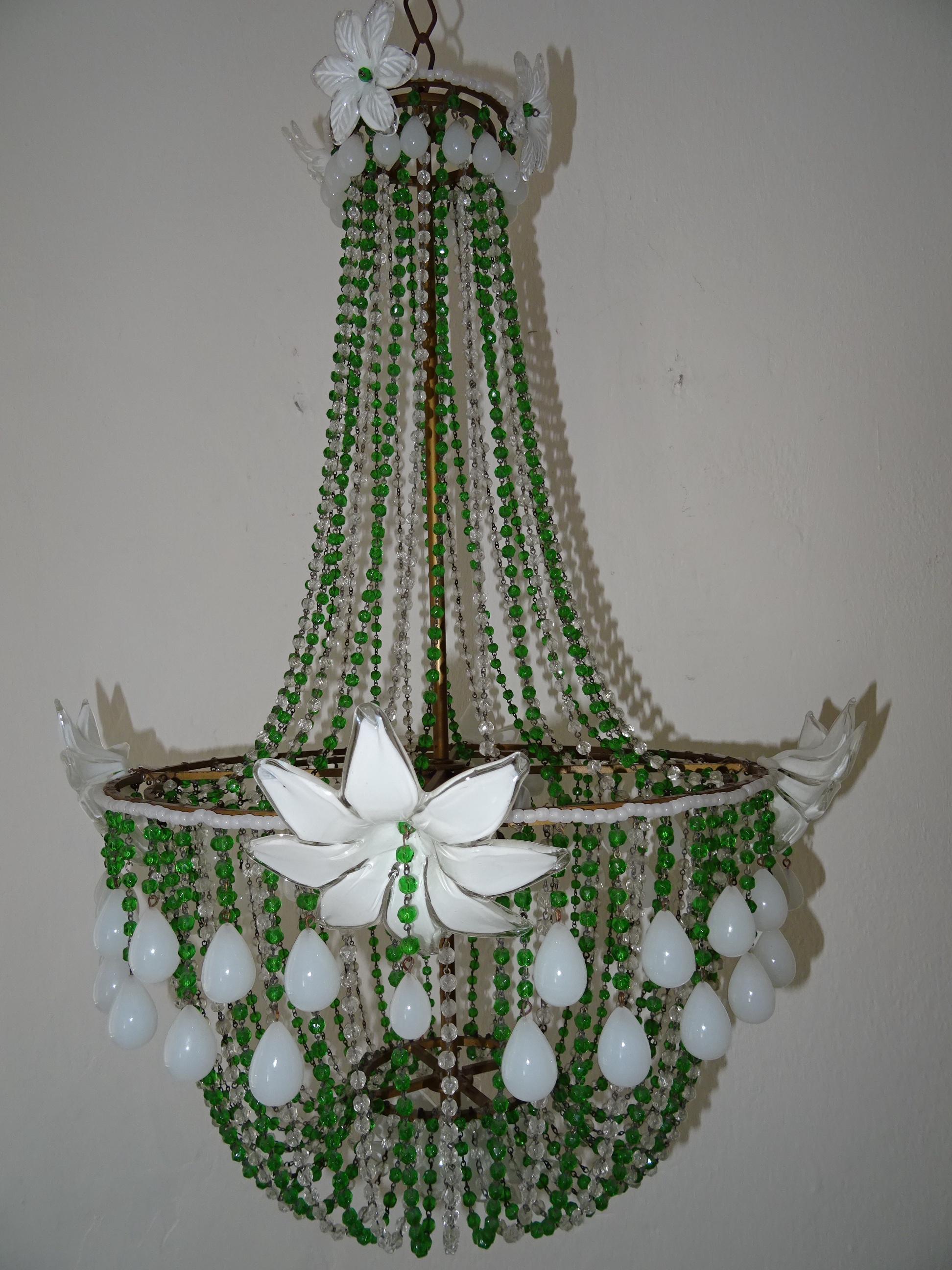 Mid-20th Century 1930s White Opaline Huge Murano Flowers Drops Green Beads Empire Chandelier For Sale