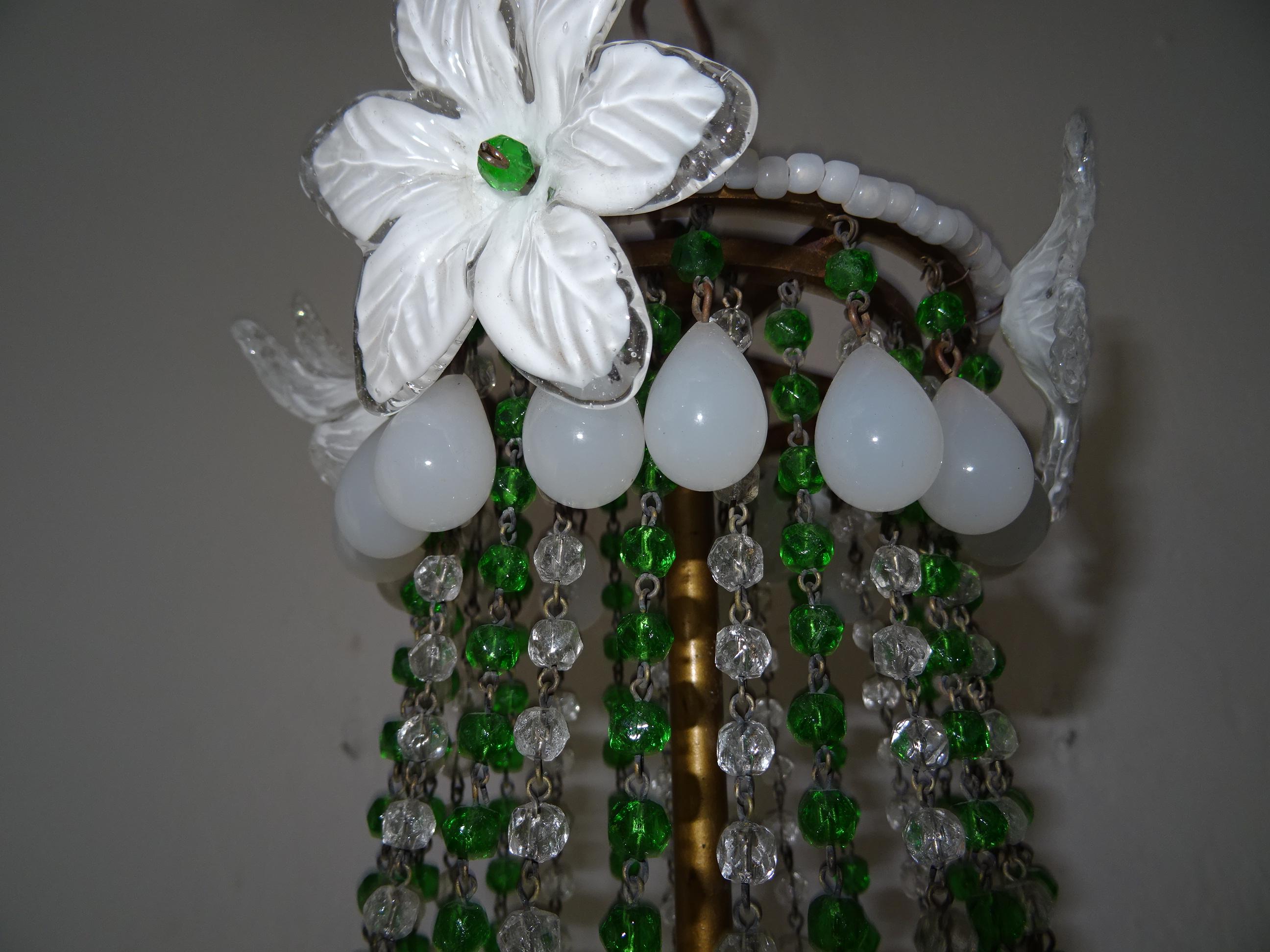 Murano Glass 1930s White Opaline Huge Murano Flowers Drops Green Beads Empire Chandelier For Sale