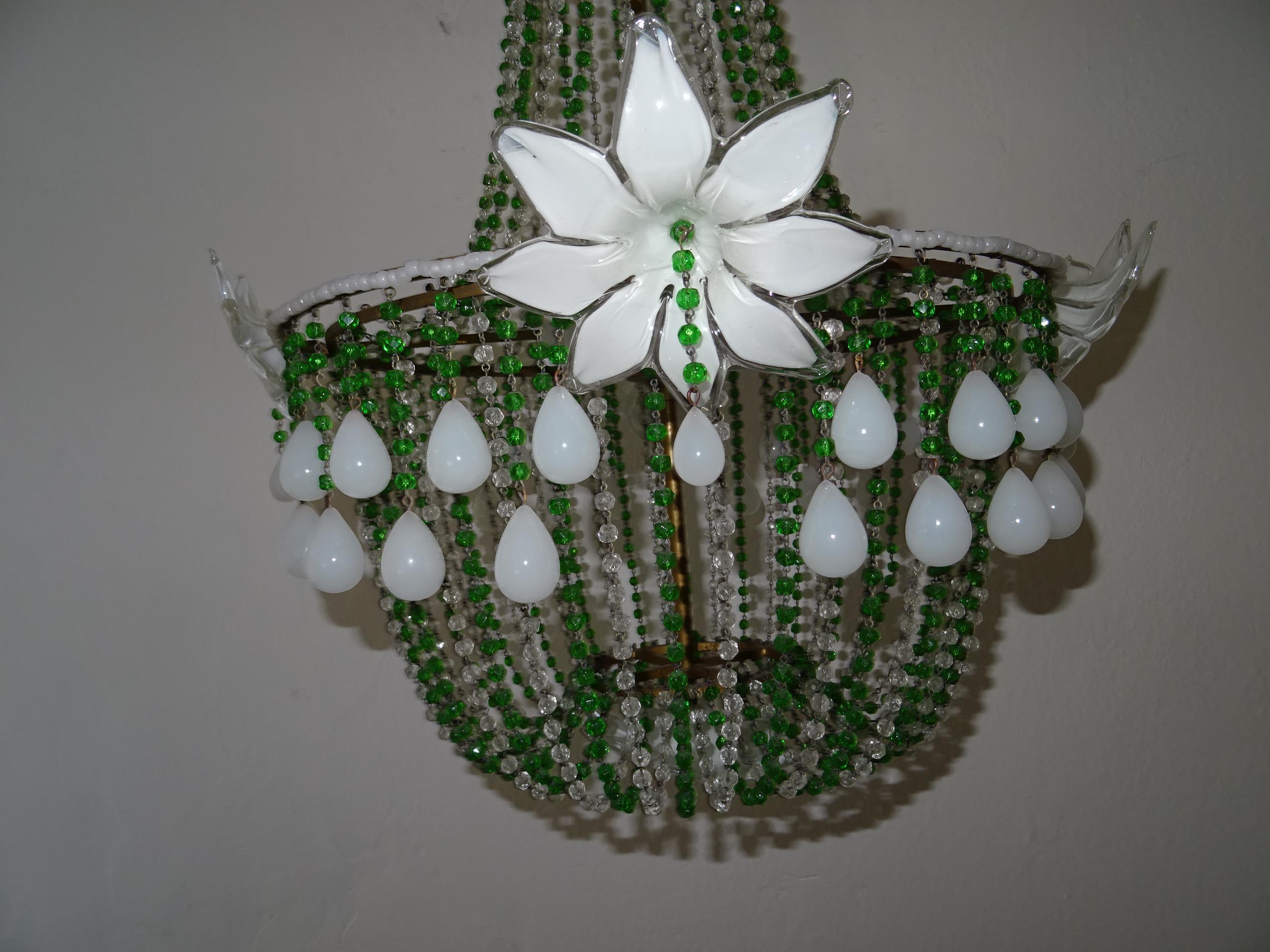 1930s White Opaline Huge Murano Flowers Drops Green Beads Empire Chandelier For Sale 1
