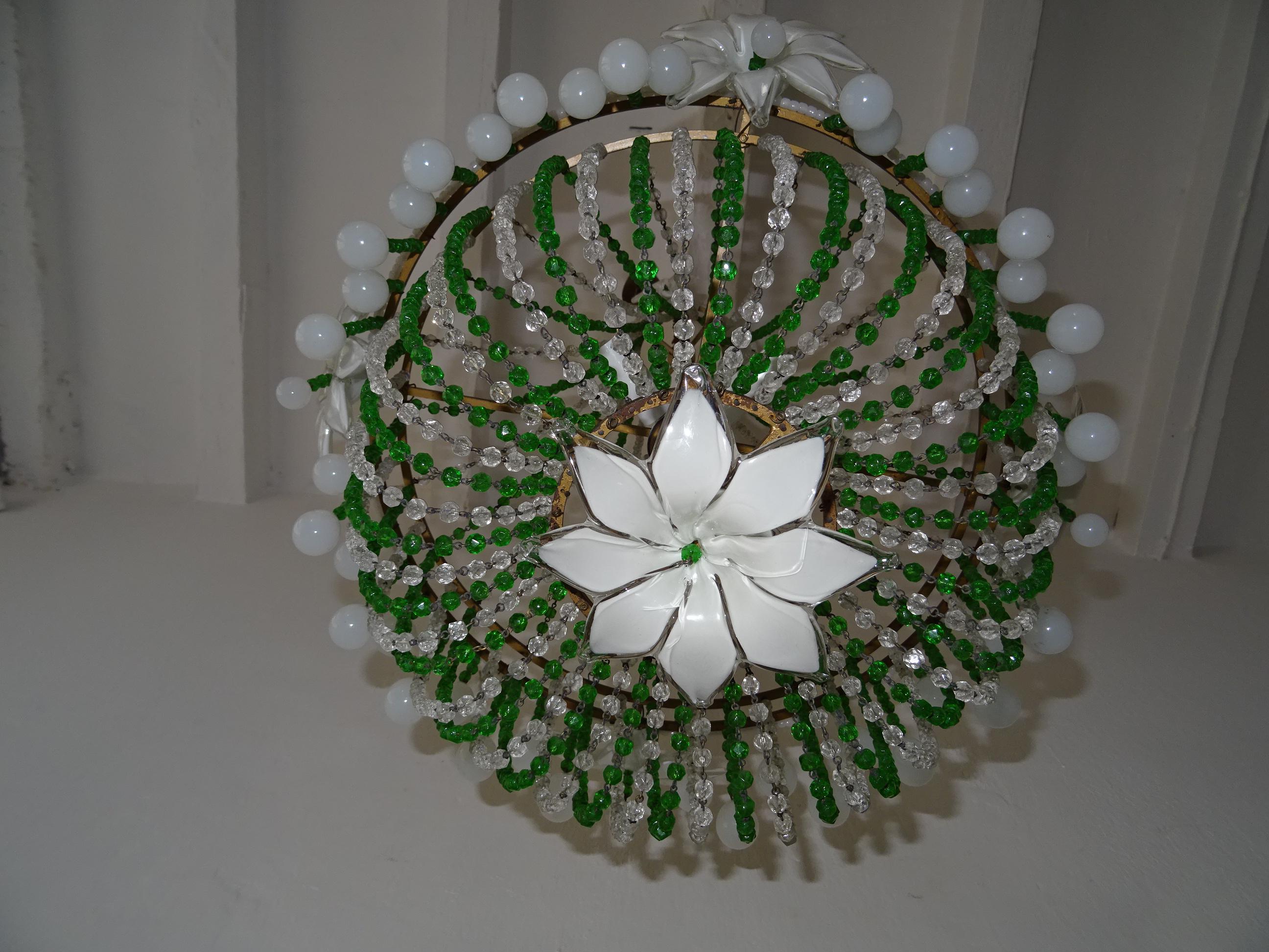 1930s White Opaline Huge Murano Flowers Drops Green Beads Empire Chandelier For Sale 2