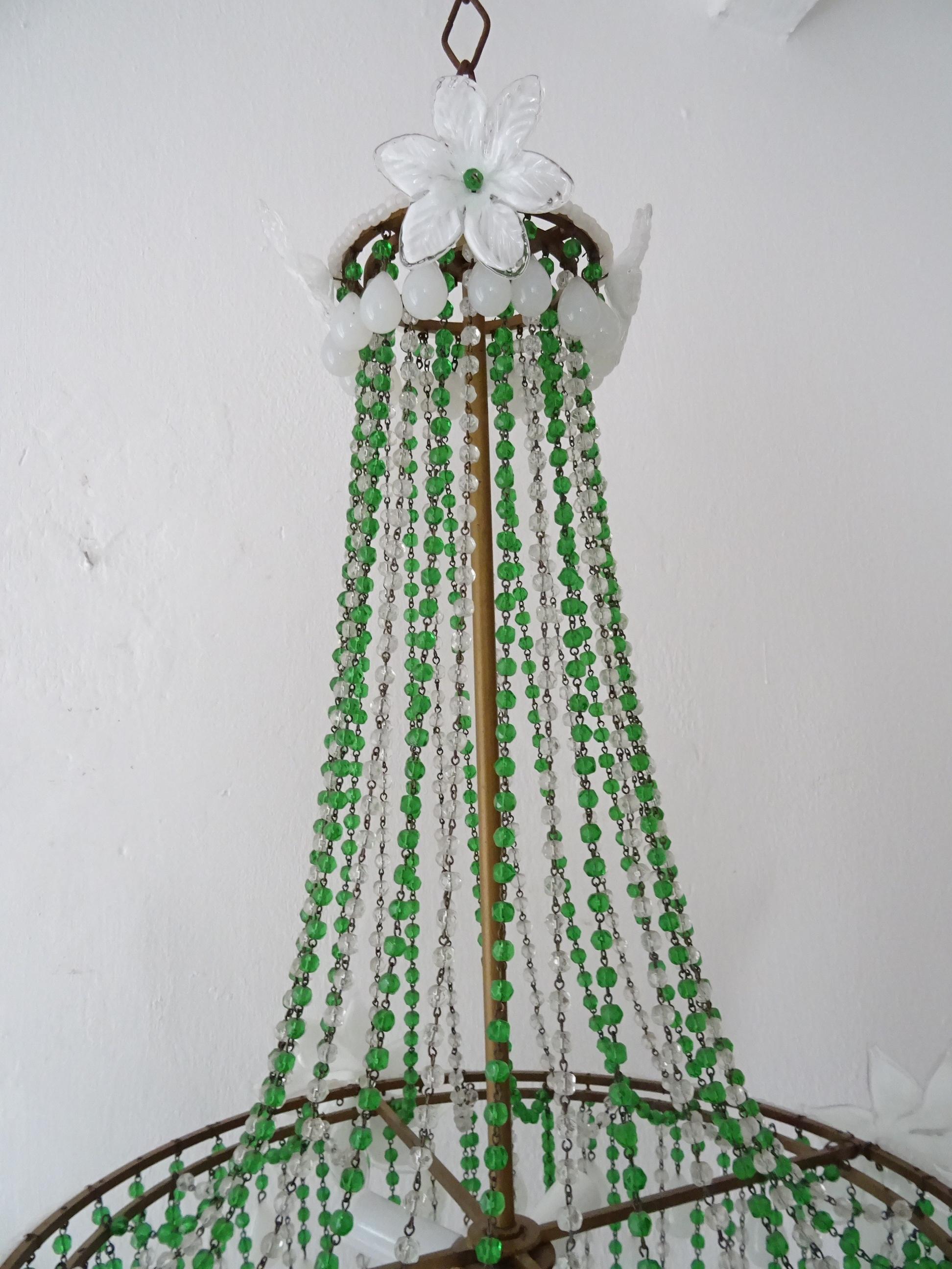 1930s White Opaline Huge Murano Flowers Drops Green Beads Empire Chandelier For Sale 3