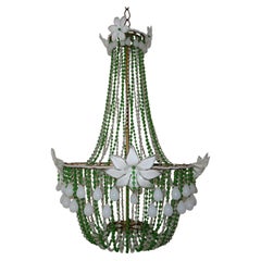 1930s White Opaline Huge Murano Flowers Drops Green Beads Empire Chandelier